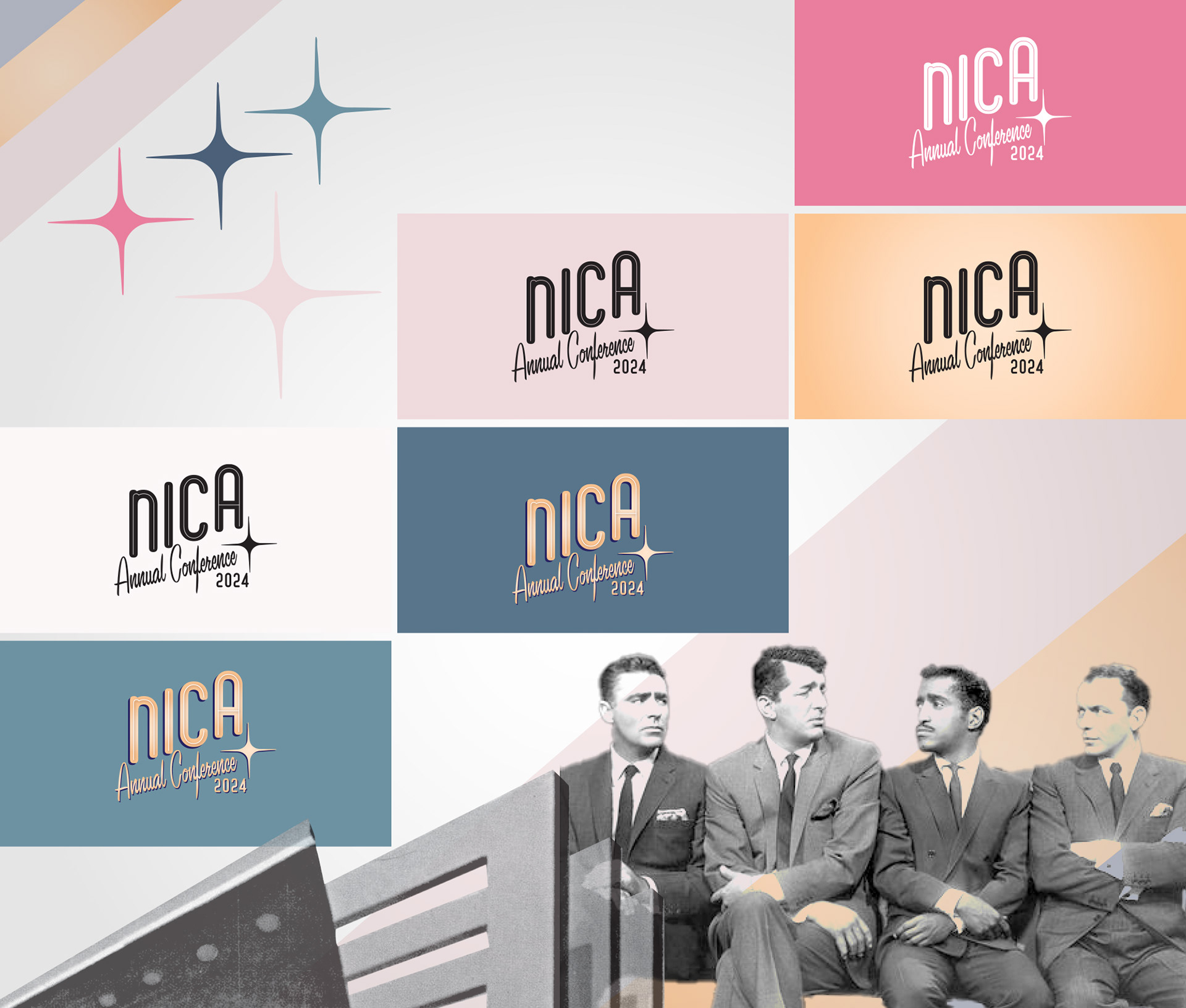 Event branding board with typography and palette referencing 1960s Vegas