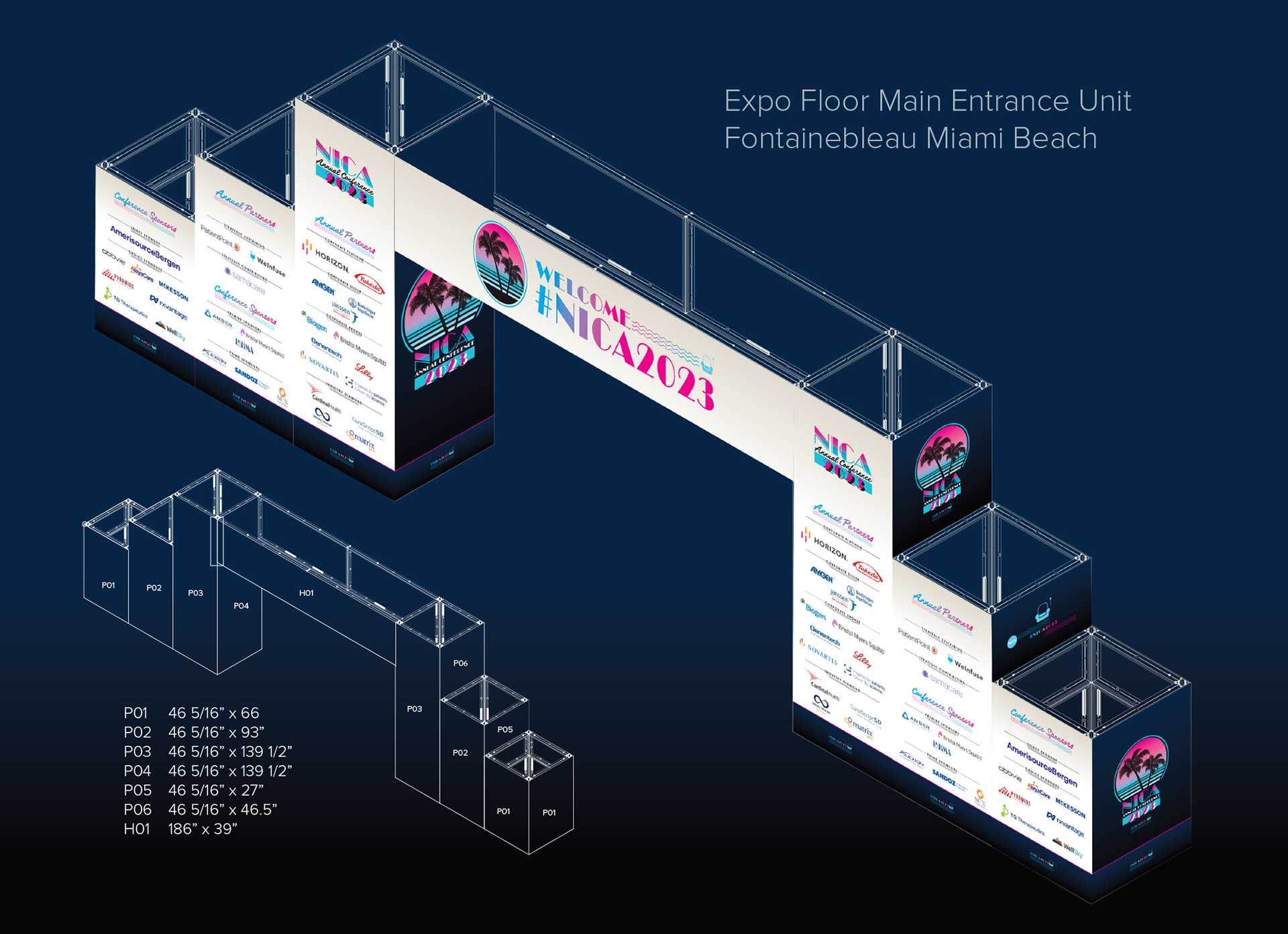 Large printed structures greeting attendees at the Fontainebleau, styled in vibrant 80s design.