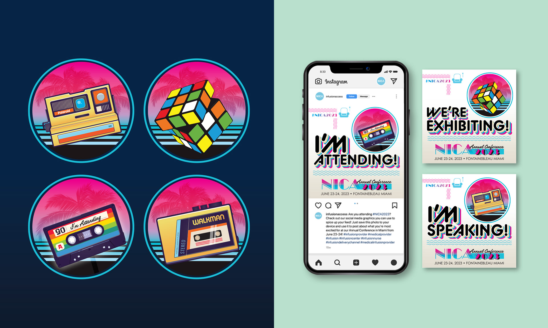NICA 2023 social media graphics for attendees, speakers, and exhibitors featuring retro cameras, cassette tapes, a Rubik’s Cube, and a portable music player.