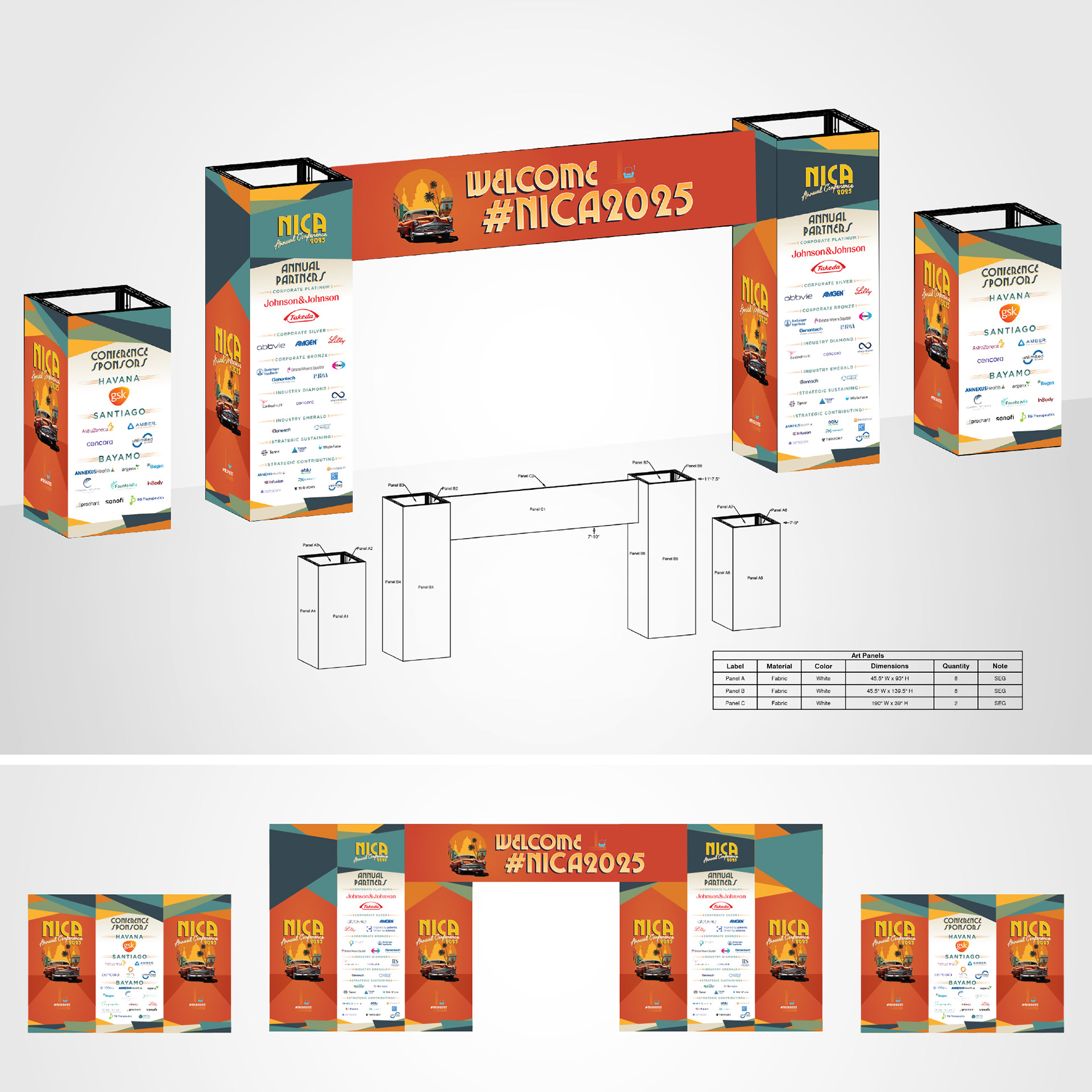 NICA 2025 Expo Hall entrance mockup showing event artwork and sponsor panels applied to a structural line drawing.