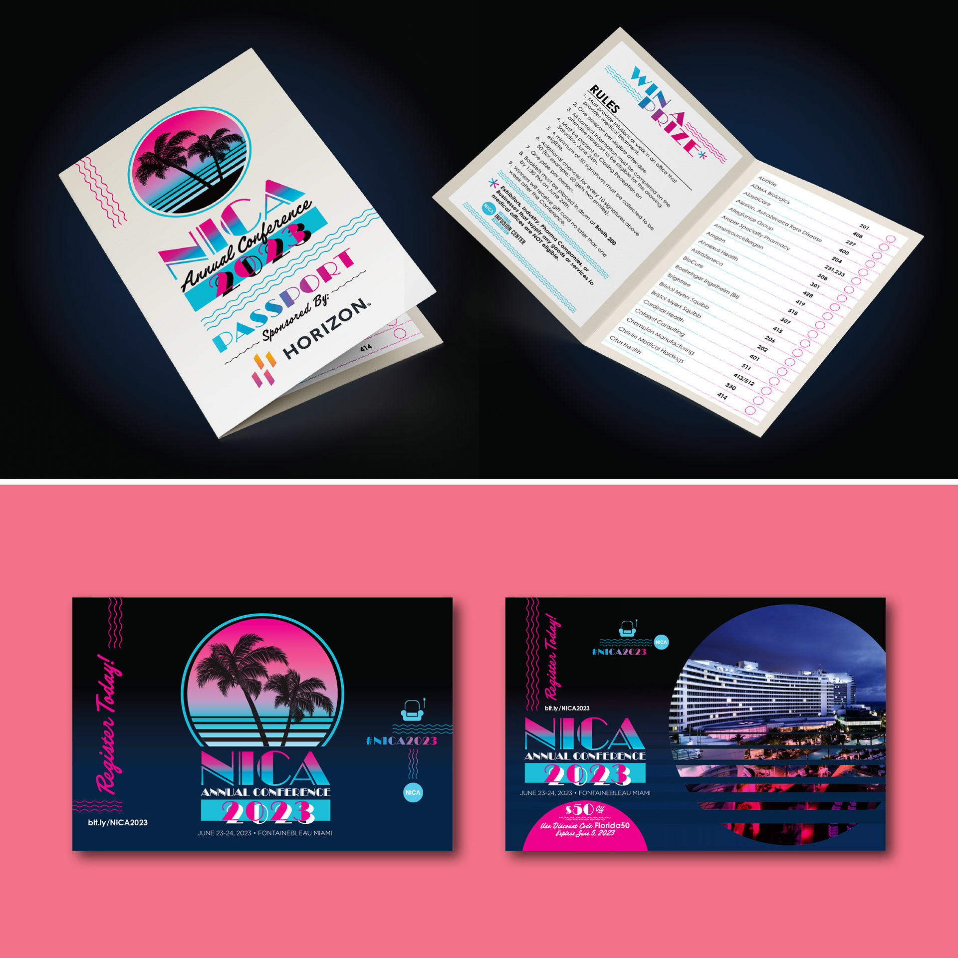 Brightly colored postcard with geometric shapes and palm trees, announcing event dates. Bi-foldexhibitor passport