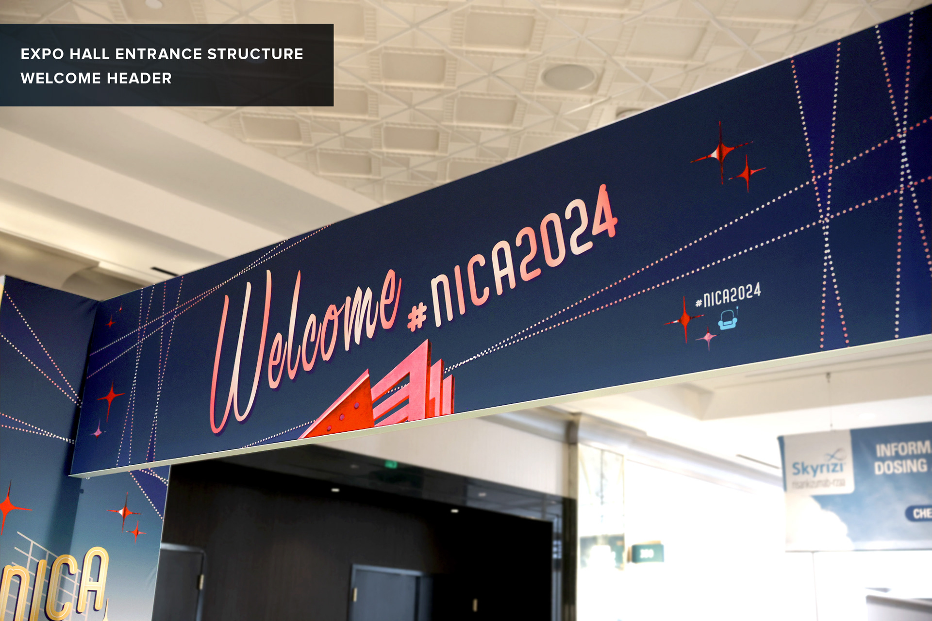 Expo Hall branding design with vintage Vegas motifs and #NICA2024 identity