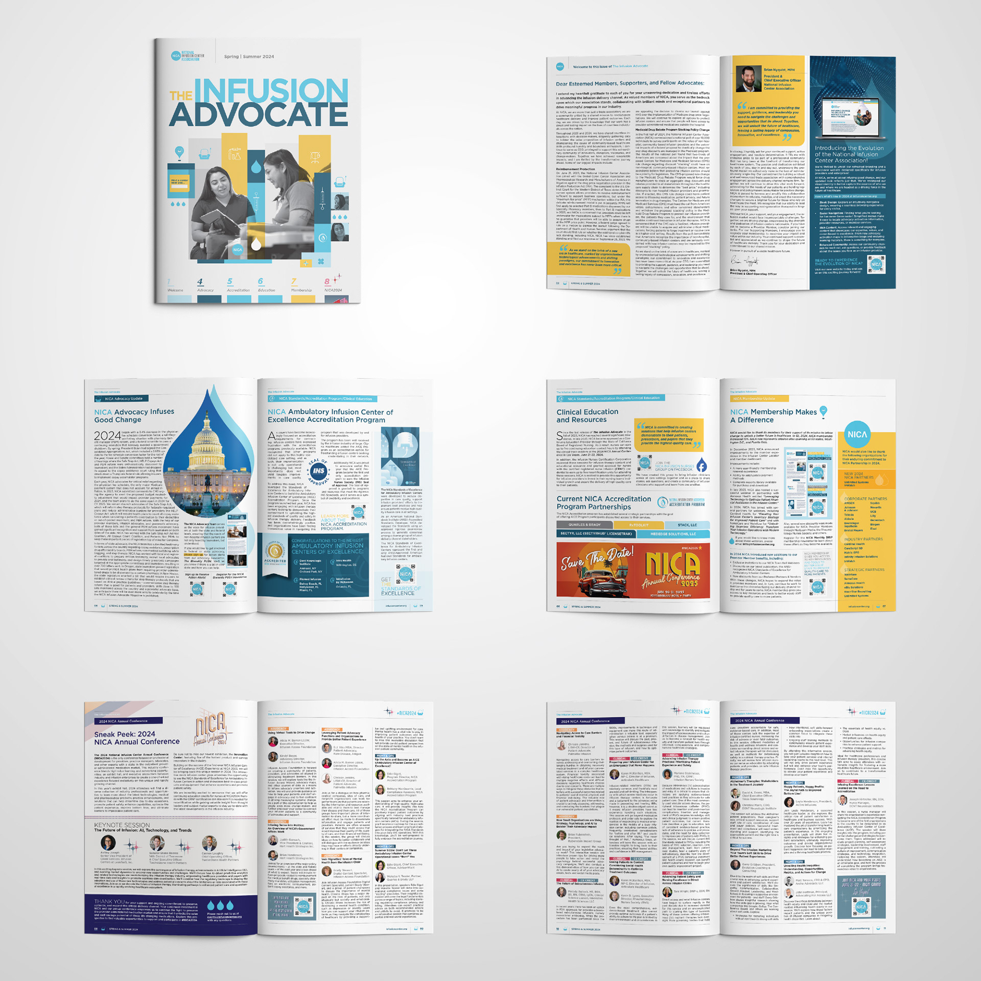 Typography samples and blue, yellow, and neutral color swatches used in the Infusion Advocate newsletter design.