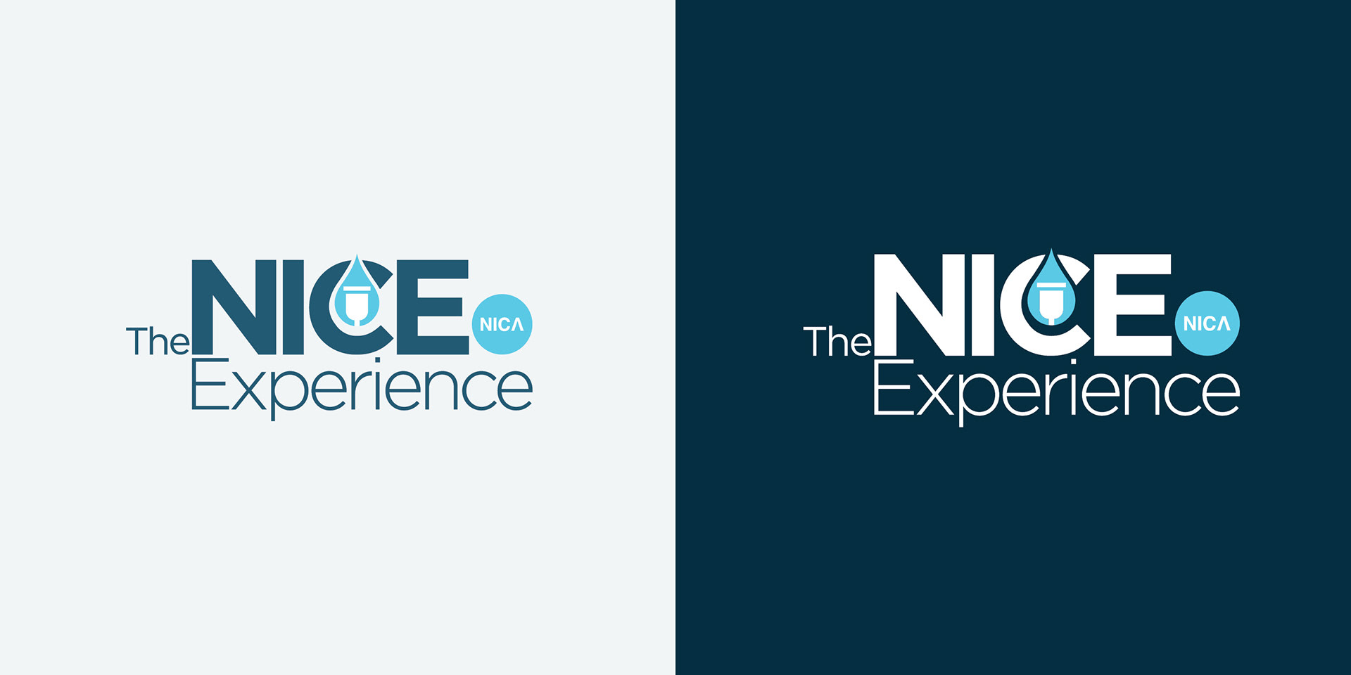 The NICE Experience logo shown in full color on a light background and reversed in white and sky blue on dark teal.