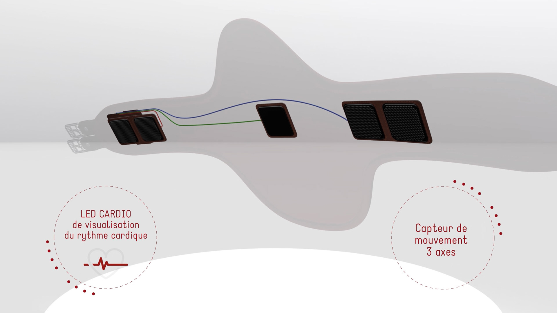 Rendu 3D de l'intérieur de la sangle connectée iPulse. Visualisation interne des systèmes de connectique de la sangle.