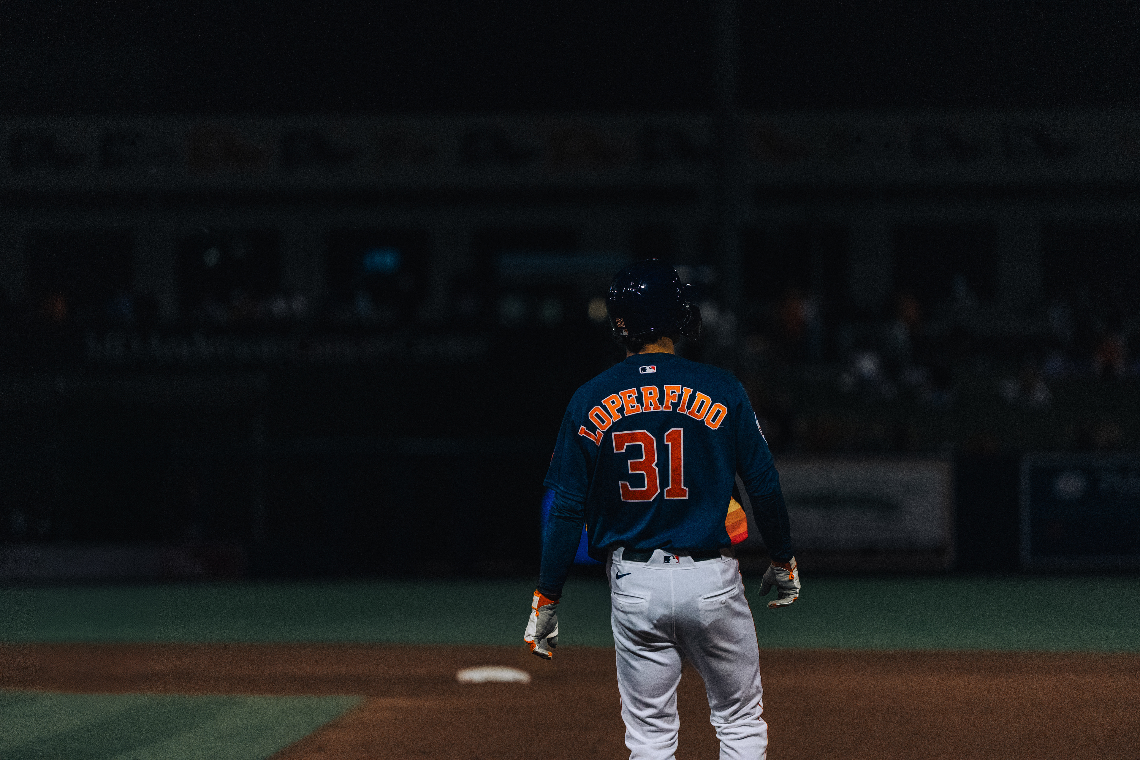 Joey Loperfido (31) of the Houston Astros stands on base during a spring training game against the New York Mets at The Ballpark of the Palm Beaches, March 2026. Photo by Aday's Media Production