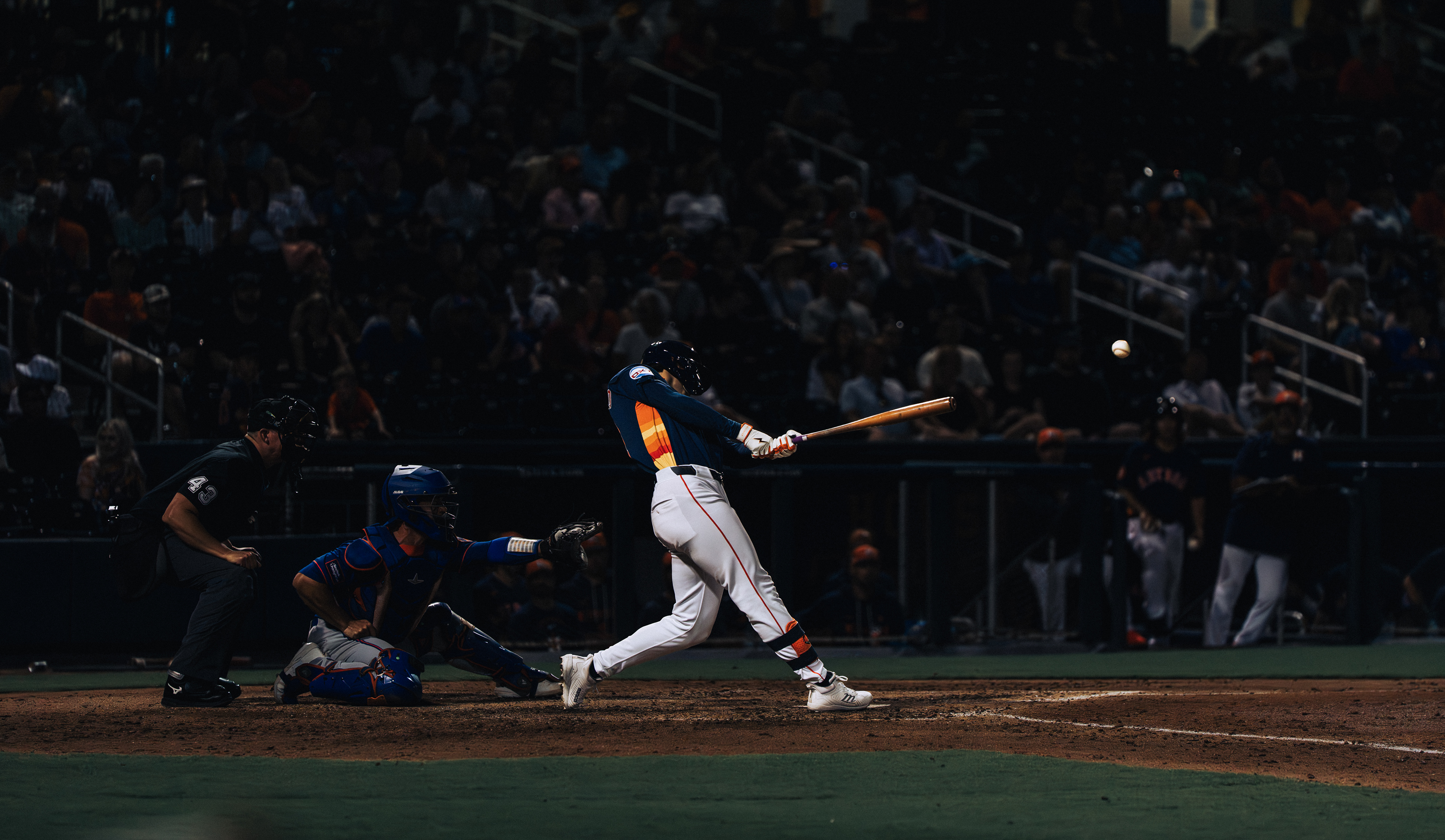 Houston Astros batter connects on a pitch against the New York Mets during spring training at The Ballpark of the Palm Beaches, March 2026. Photo by Aday's Media Production