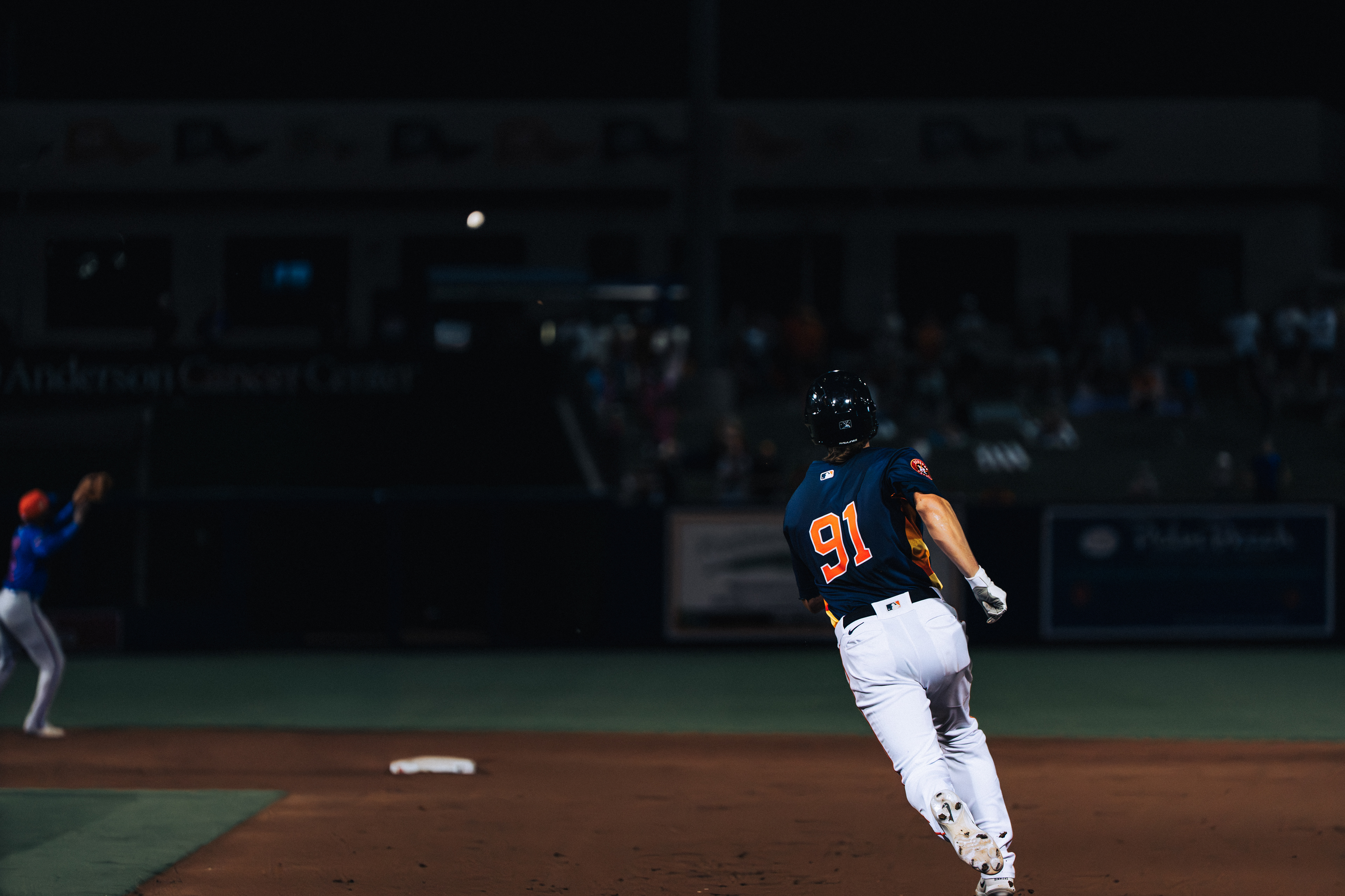 Houston Astros number 91 rounds a base with the ball in the air during a spring training game against the New York Mets at The Ballpark of the Palm Beaches, March 2026. Photo by Aday's Media Production