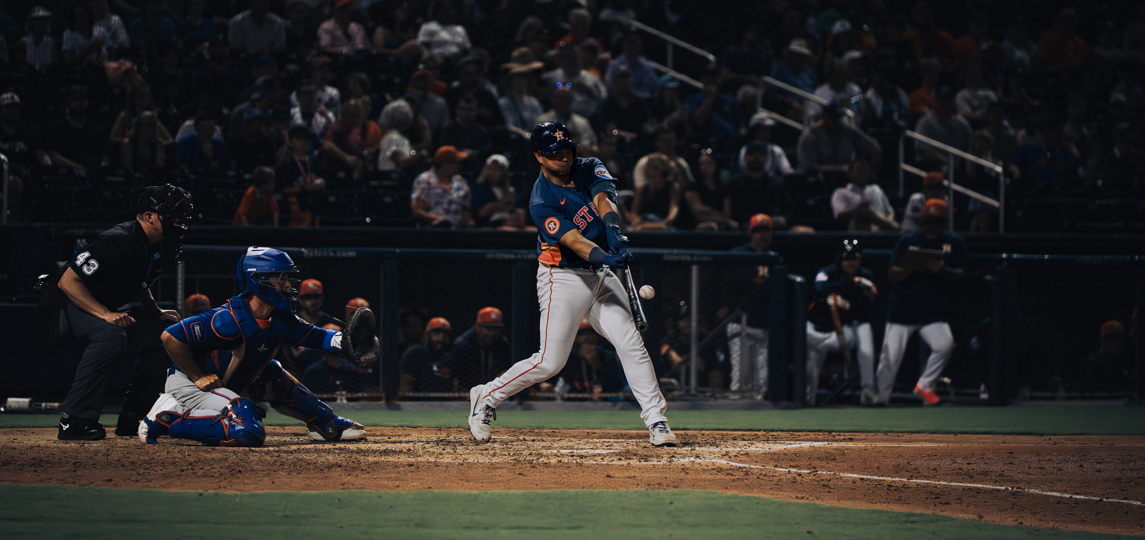 New York Mets batter at the plate with Houston Astros catcher and umpire during MLB spring training, The Ballpark of the Palm Beaches, South Florida 2026. Photo by Aday's Media Production.