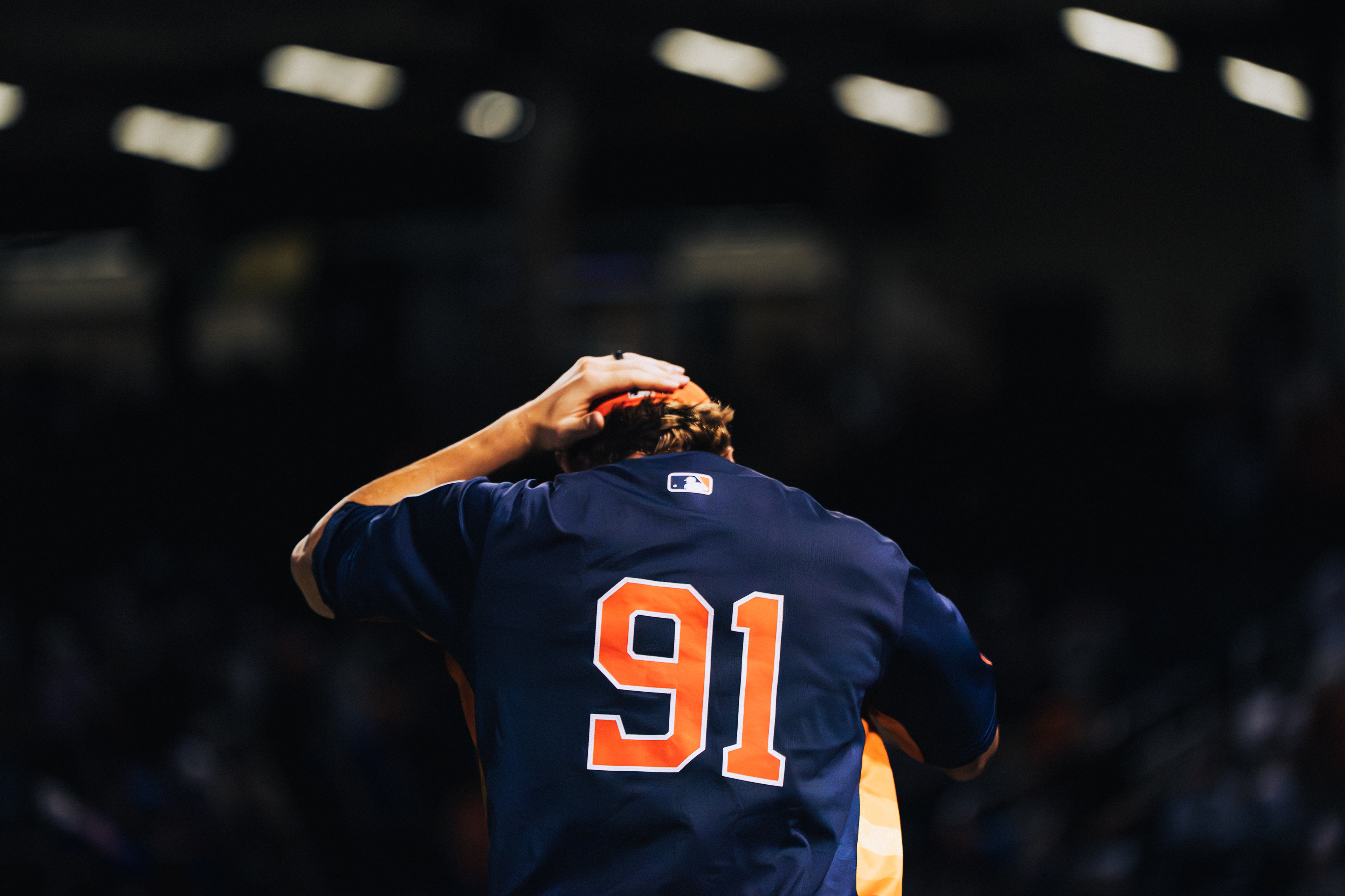 Houston Astros number 91 adjusting his cap during a spring training game against the New York Mets at The Ballpark of the Palm Beaches, March 2026. Photo by Aday's Media Production