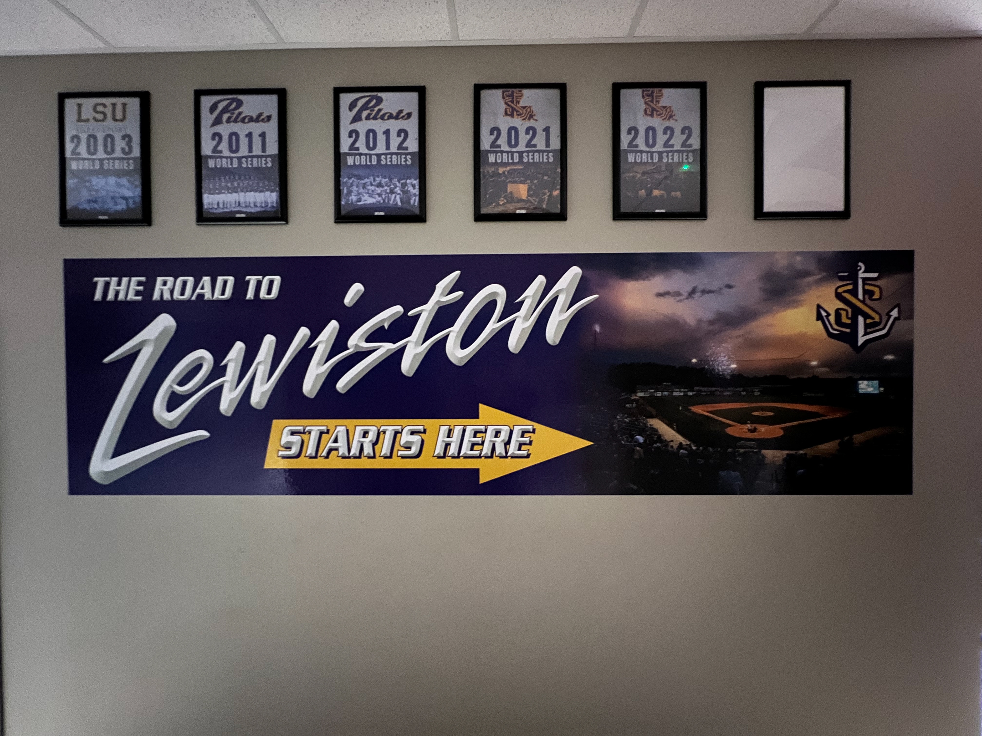 LSU Shreveport World Series Legacy Posters inside their indoor facility