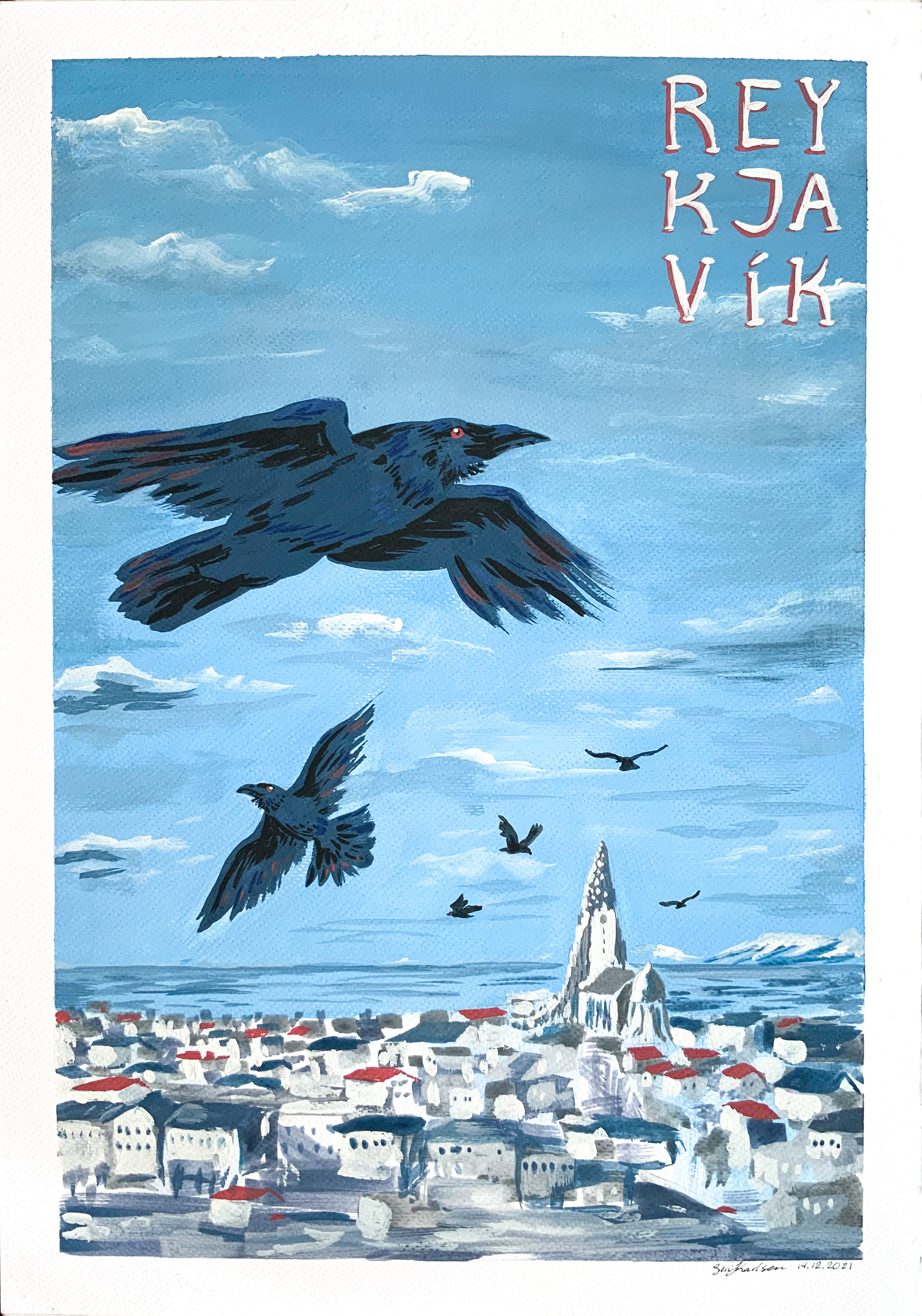 "Reykjavík ravens" - Gouache