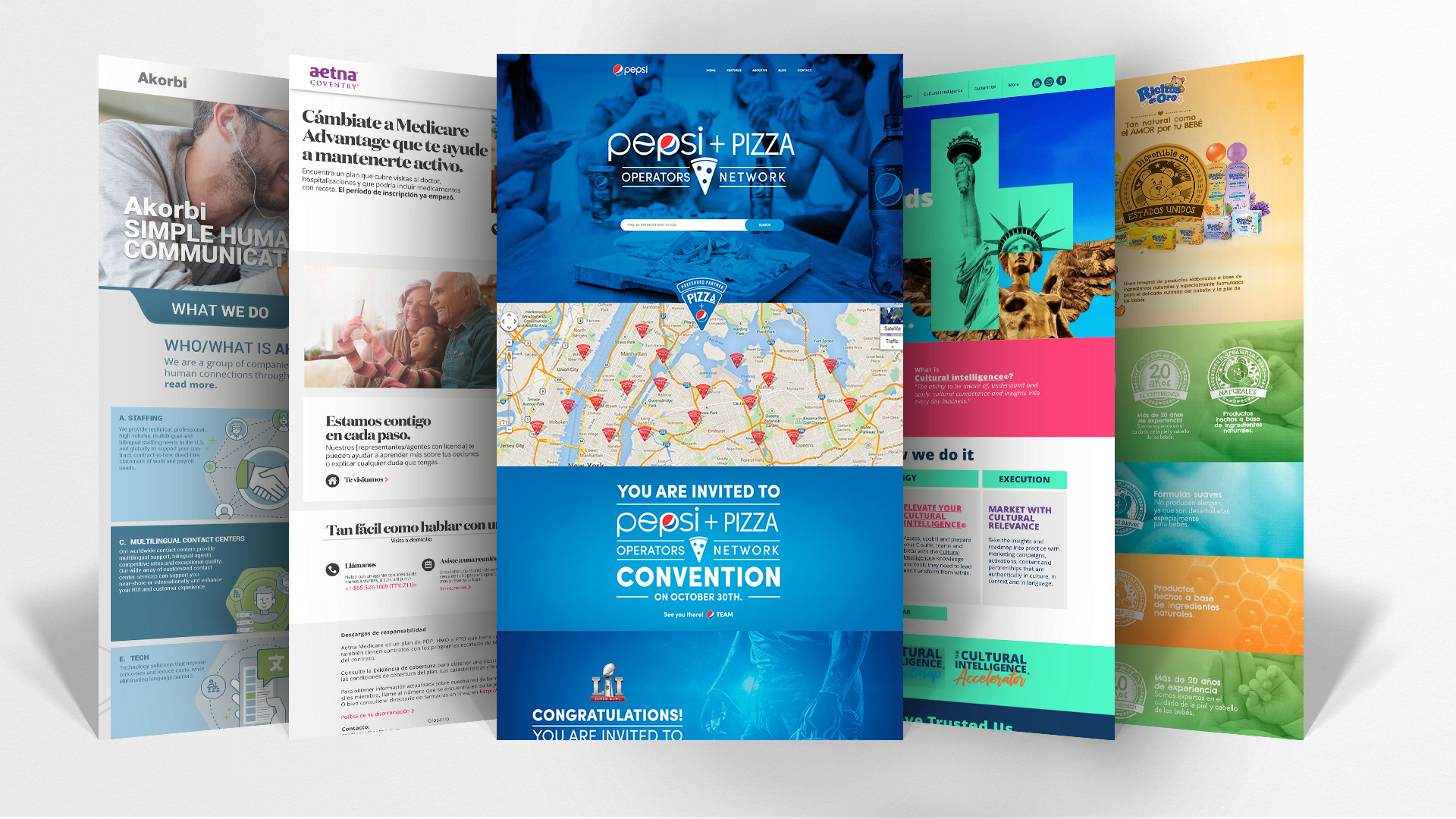 Landing pages for AKORBI AETNA CVS, PEPSI (prop), CIEN+ and RICITOS U.S.A.
