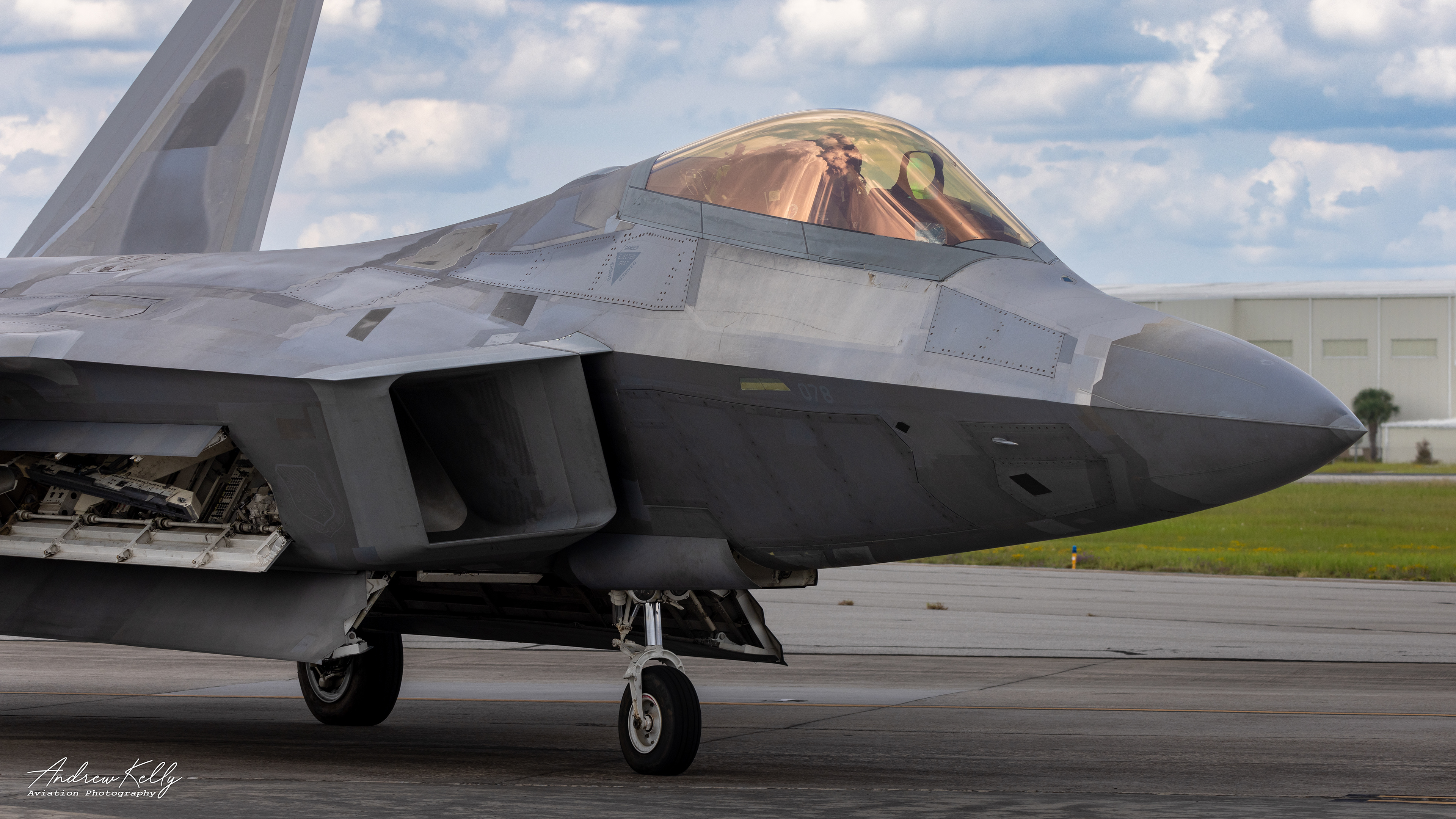 F-22 Raptor taxies into the Air Dominance Center's ramp at William Tell 2023