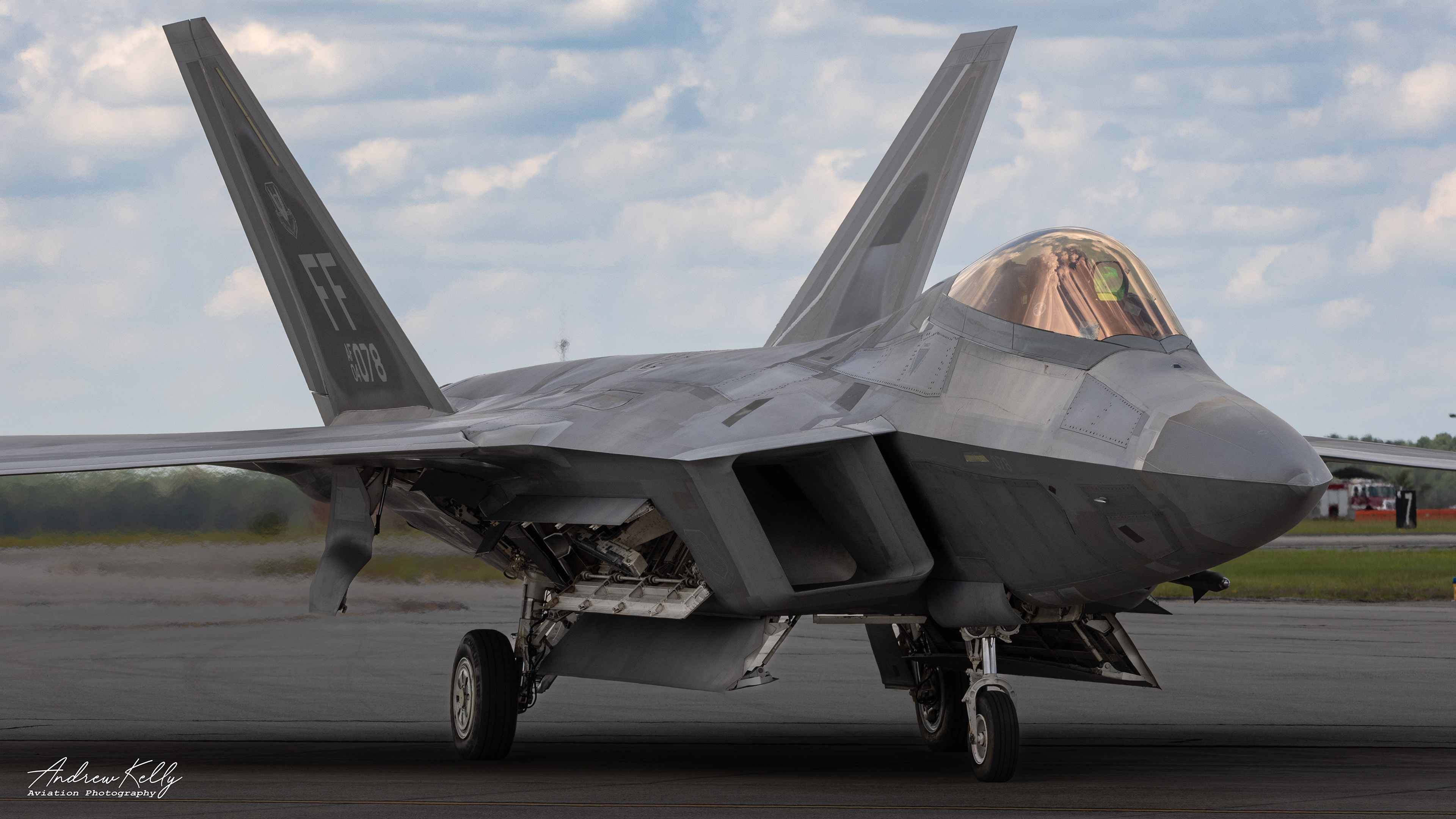 F-22 Raptor taxies into the Air Dominance Center's ramp at William Tell 2023