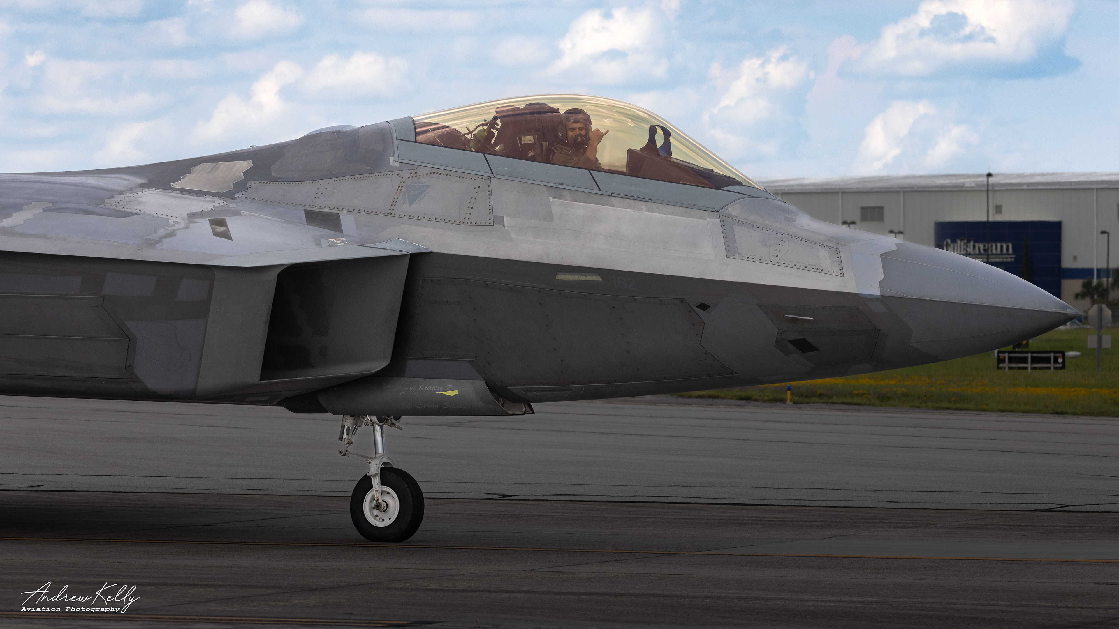 F-22 Raptor taxies into the Air Dominance Center's ramp at William Tell 2023