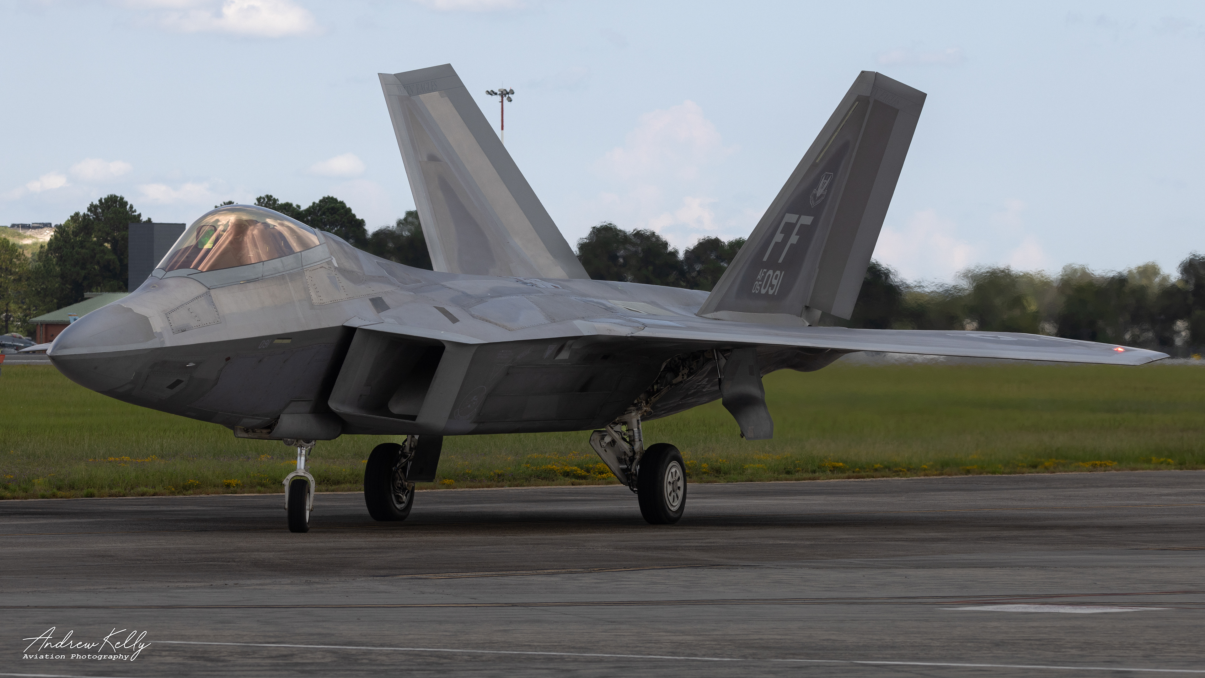 F-22 Raptor taxies into the Air Dominance Center's ramp at William Tell 2023