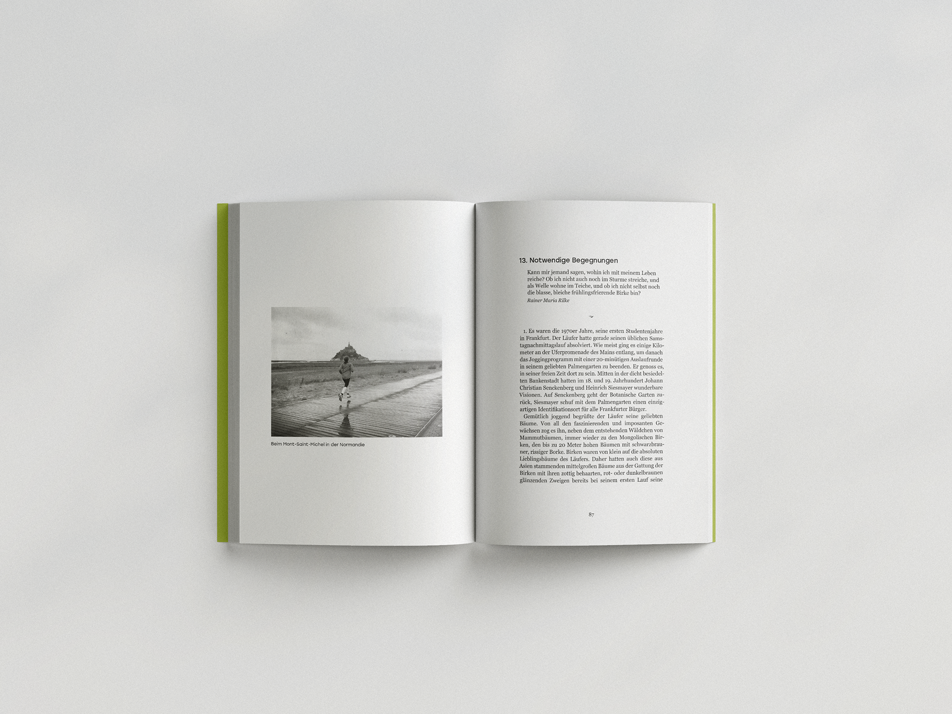 Aufgeklapptes Buch, auf der linken Seite ist eine Joggende Person vor einer Burg zu sehen, auf der Rechten Seite sind eine Überschrift, Zitat und Text zu sehen.