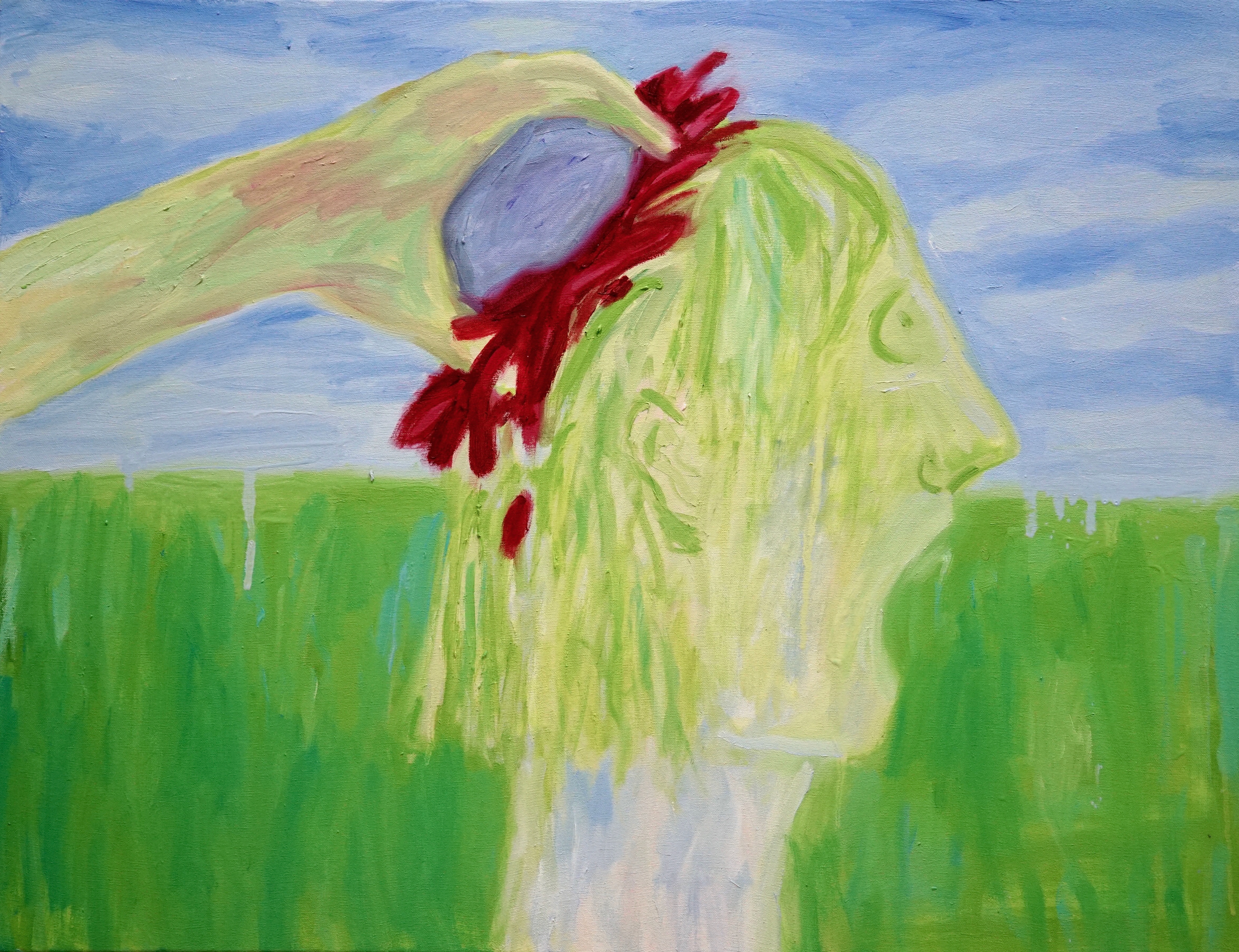 카인에게 돌을 맞는 아벨 (Cain stoned Abel),), oil on canvas, 45.3x30cm, 2023