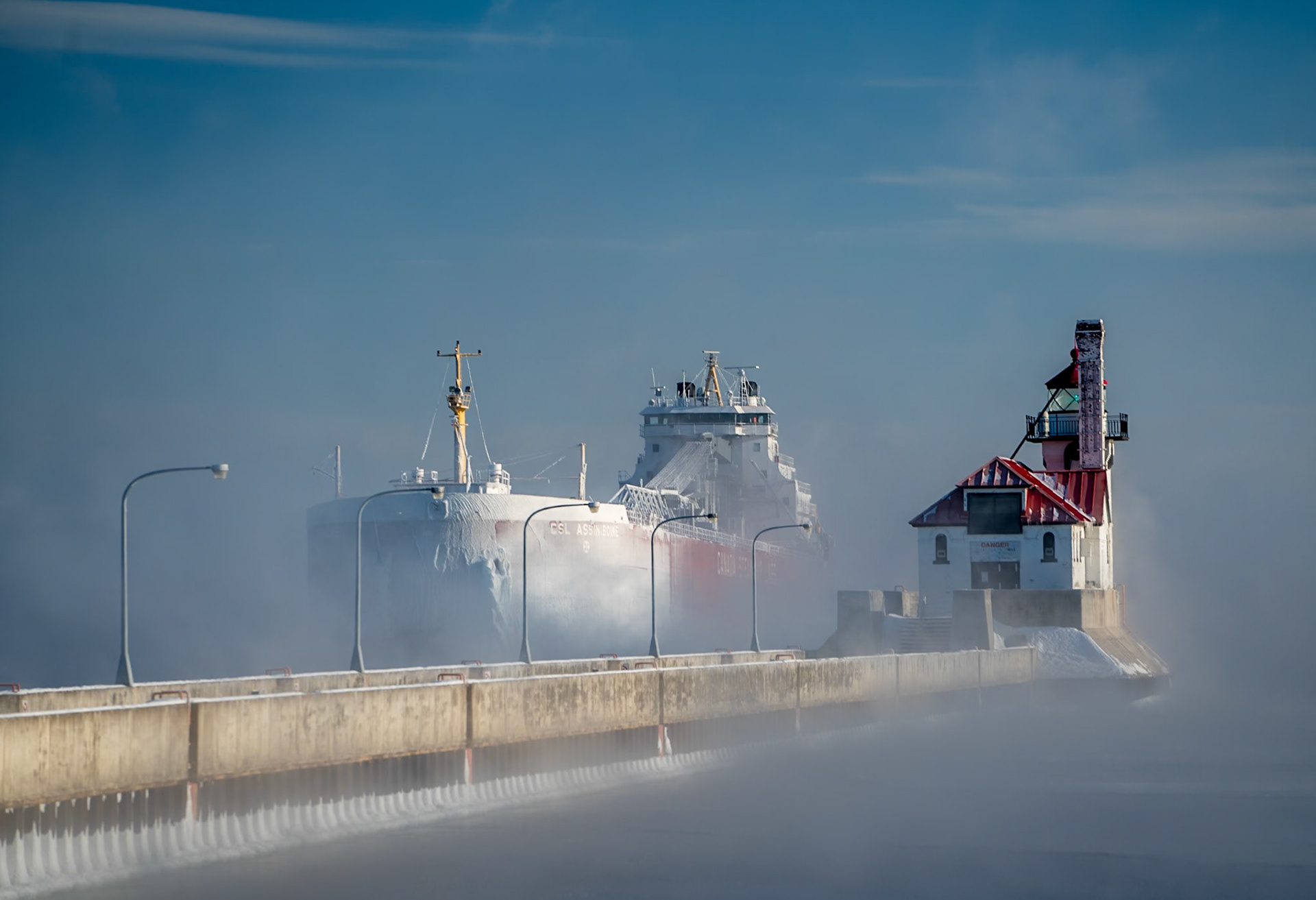 The CSL Assiniboine arrived in Duluth on a cold January morning wrapped in sea smoke from the frigid below zero temperatures.