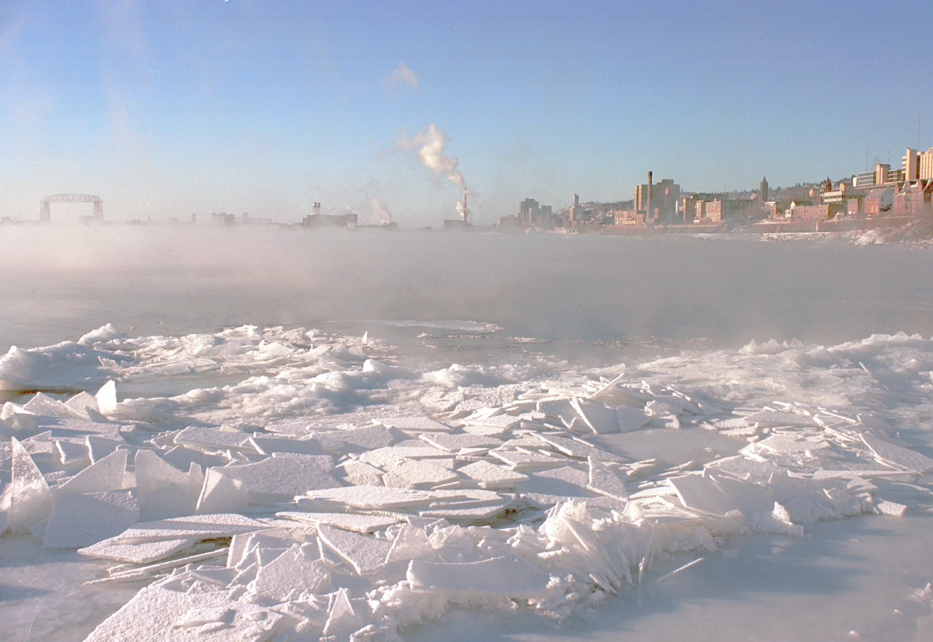 Sheets of ice pile along the shres of Lake Superior near Duluth on a cold Januart day.