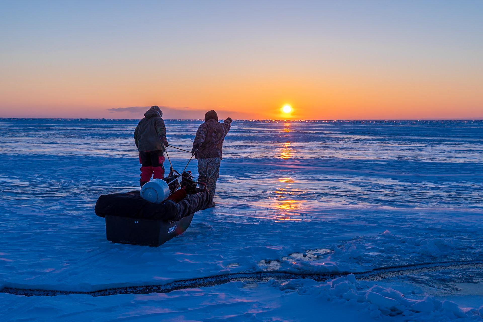 February 19 - Early Morning Ice FishingFishermen head out onto Lake Superior for a morning catch. Besides the risk of the ice pack floating away from the shore, the fun of a morning catch on Lake Superior is nothing new and enjoyed by many local anglers.Let me hear in the morning of your steadfast love, for in you I trust. Make me know the way I should go, for to you, I lift up my soul. Psalm 143:8 God has provided us with a bountiful harvest of fish from Lake Superior over the ages and will continue to do so in the future.