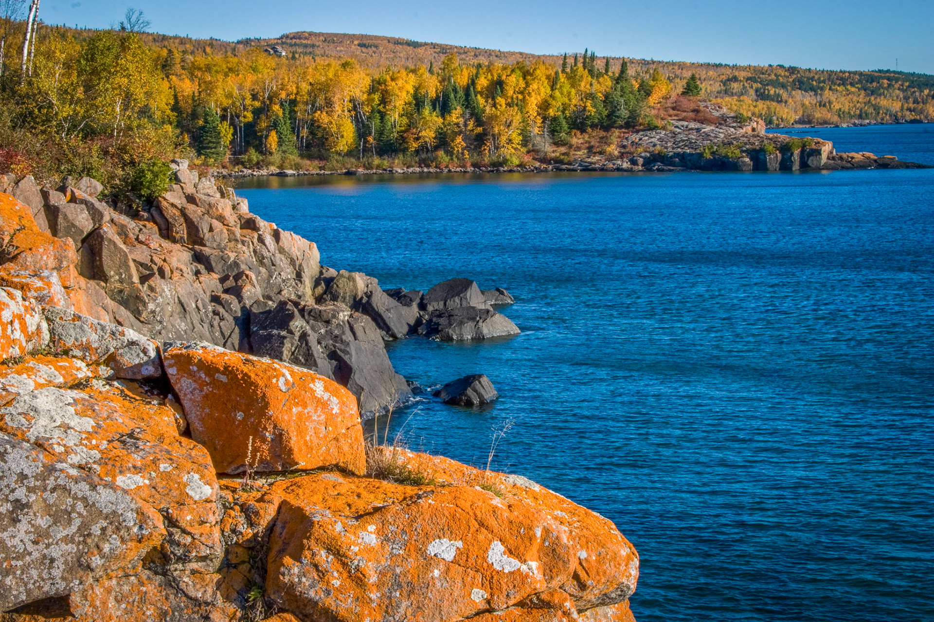 September 9th - Autumn ShoresThe golden colors of autumn bathe the North Shore of Lake Superior. While surrounding leaves bask in the warm autumn sun.The orange lichen clinging to the rocky shoreline grows slowly, enriching the scene's beauty. Lichen is a fungus found all across North America and worldwide and is actually two organisms functioning as a single plant. Autumn is a beautiful time of year to explore and appreciate God's creation and glory.Trust in the Lord forever, For in God the Lord, we have an everlasting Rock. Isaiah 26:4