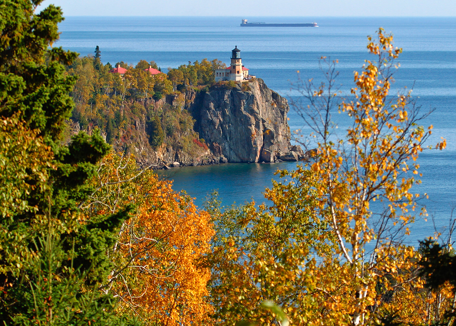 Overlooking Split Rock Lighthouse on this warm October afternoon, you can see a 1000ft ore boat heading towards Duluth.