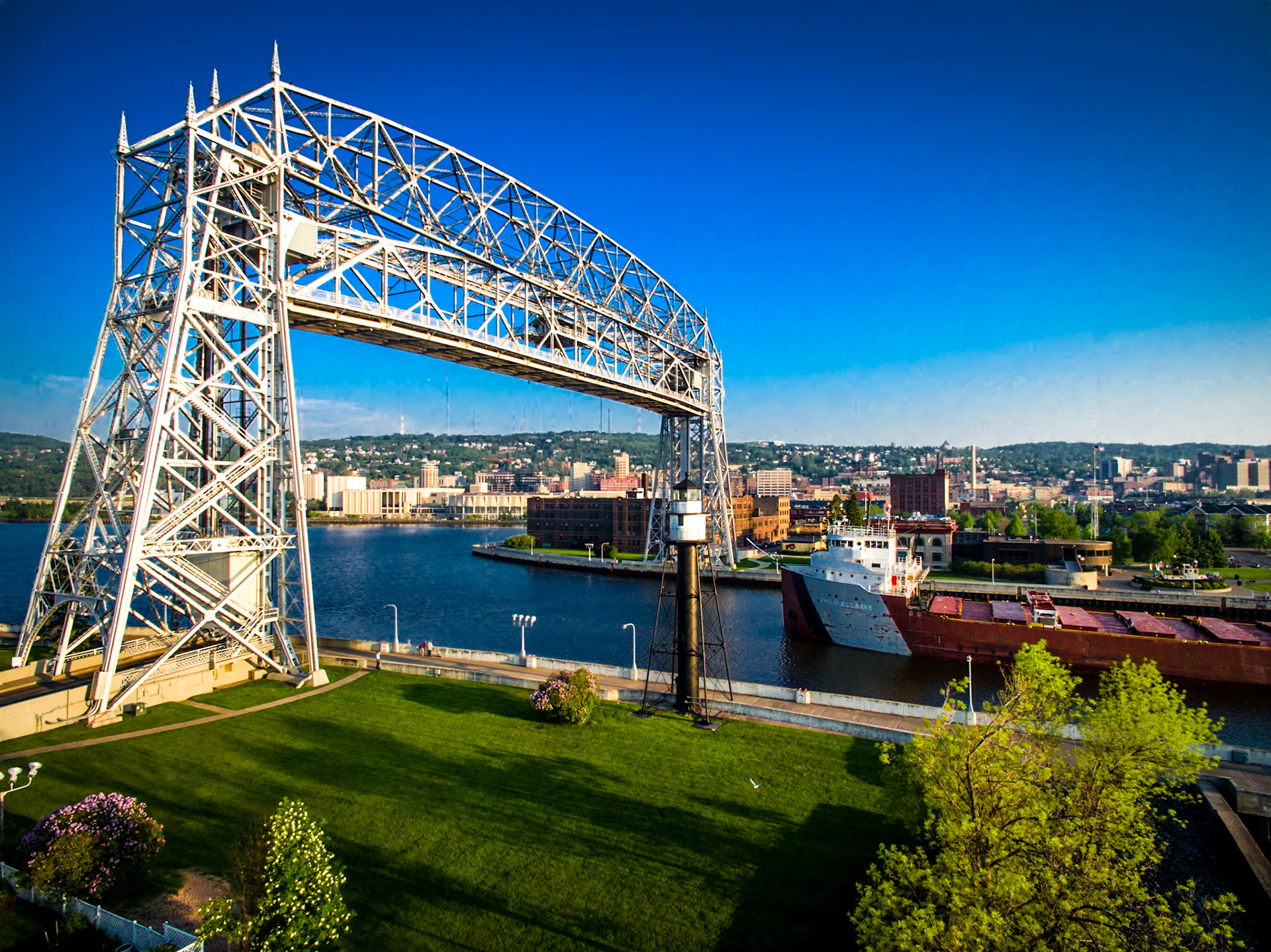The Philip R Clarke arrives under the Duluth Aerial Lift Bridge on a warm summer morning.