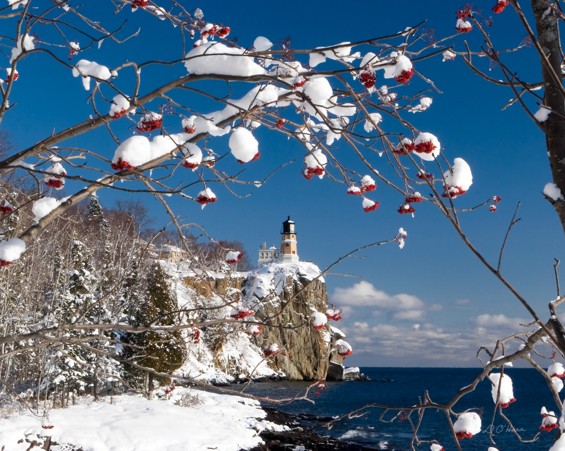 A heavy snow blanketed the North Shore of Lake Superior and piled high on the mountain ash berries near Split Rock Lighthouse. This beautiful winter afternoon brought quiet to the woods and rest to the soul.  Gods created beauty could be found everywhere in the splendor of the landscape.