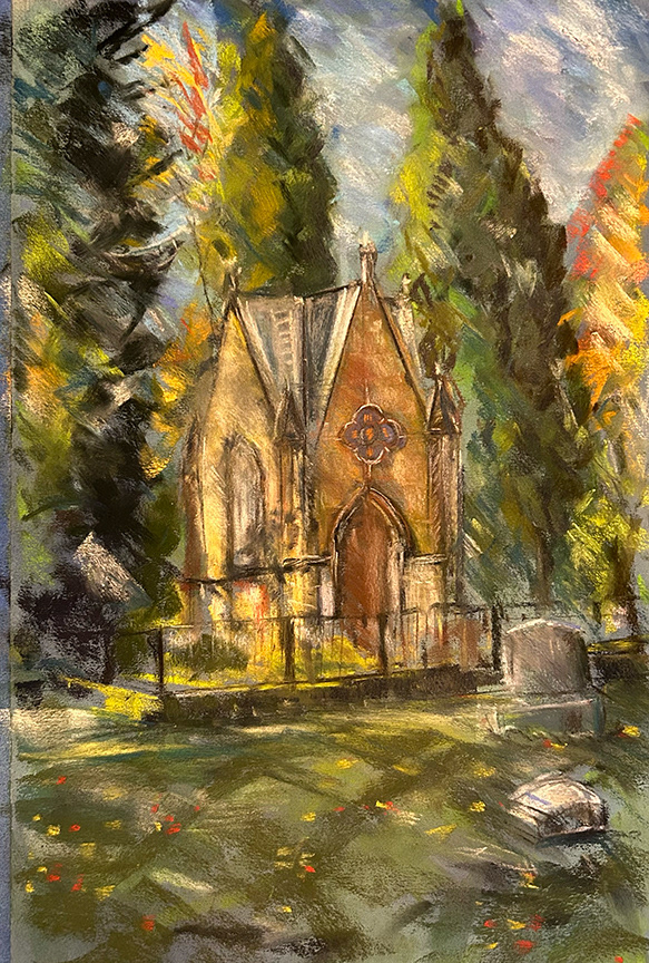 Lone Fir Cemetery in Autumn. 9"x12". 2025. U-Art paper.