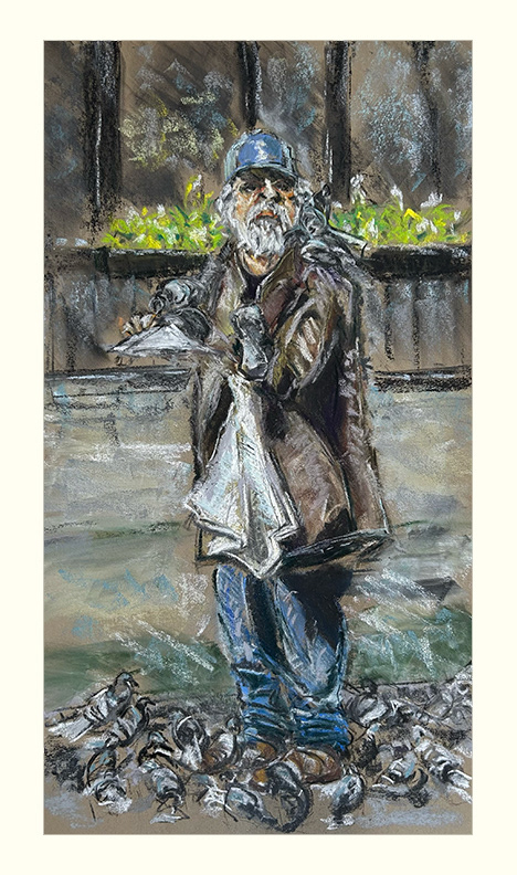 Pigeon Man. 11.5" x 20.5" high. (2025). On Canson Mi Tientes paper