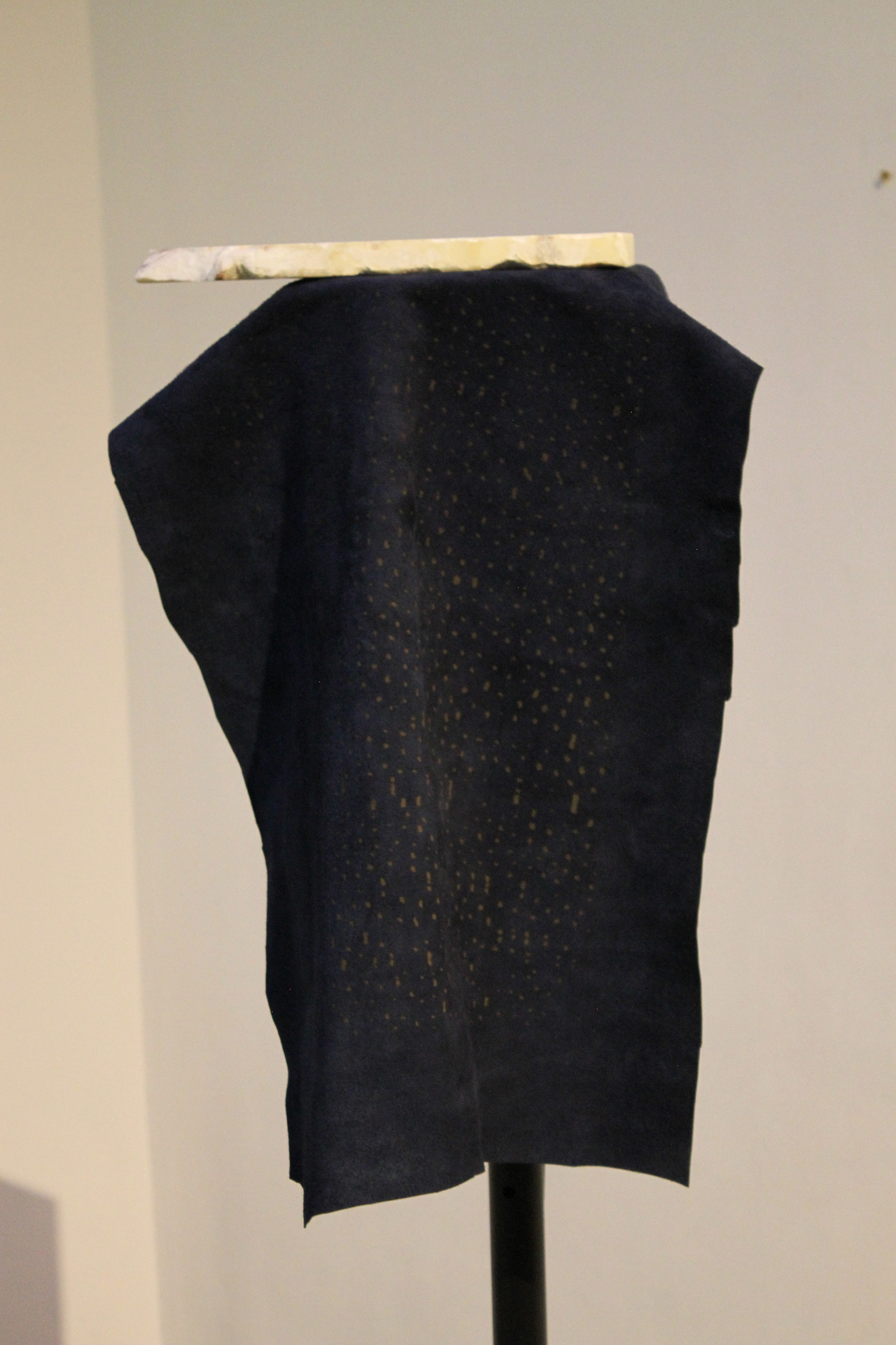 'A Bell for the Collar' (detail) (2018) Speakers, Speaker Stands, Laser Printed Canvas, Laser Etched Leather, Laser Etched Marble, Site Specific Composition (14.30 mins).