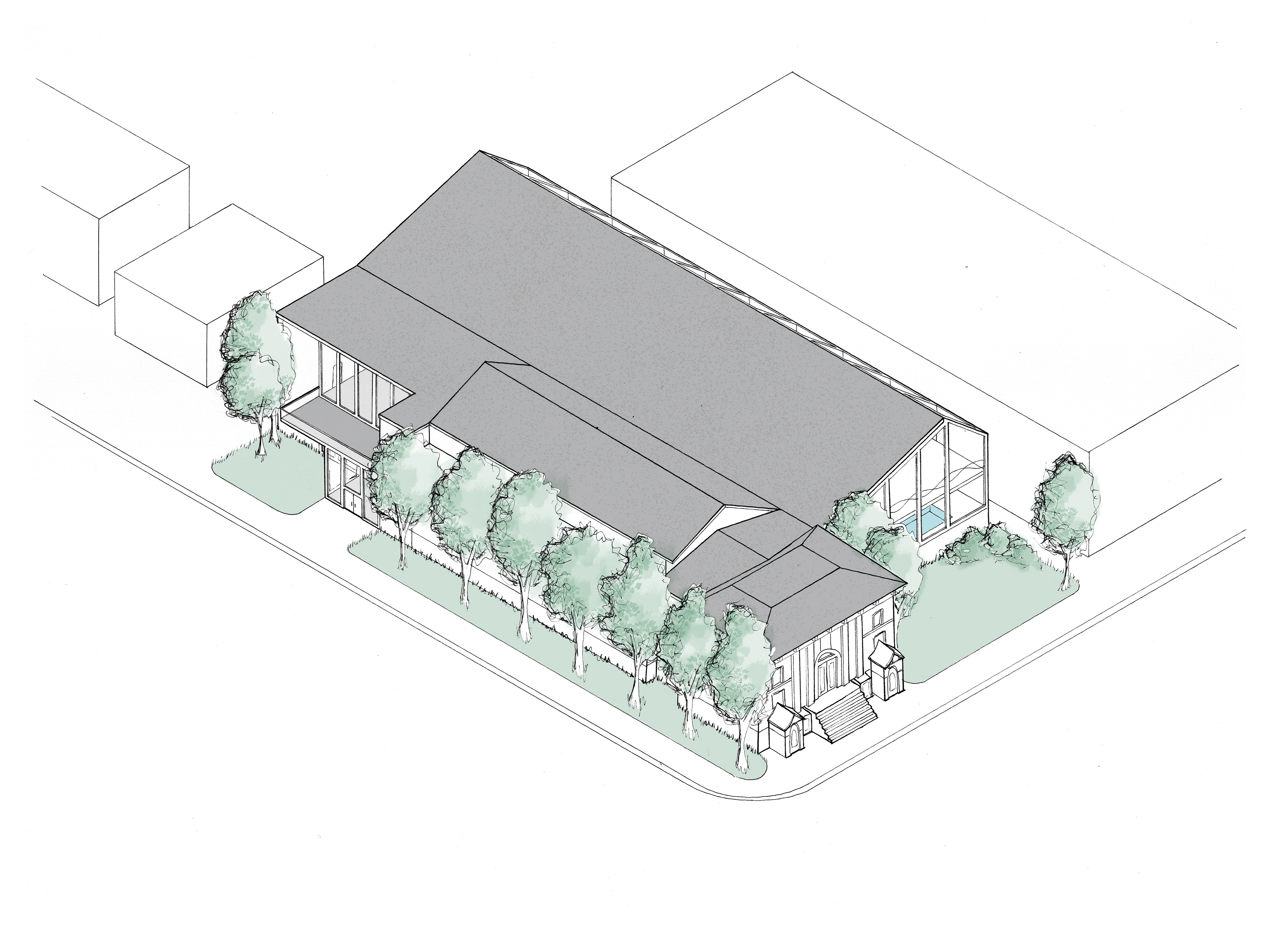 exterior isometric: hand drafted at 1:200