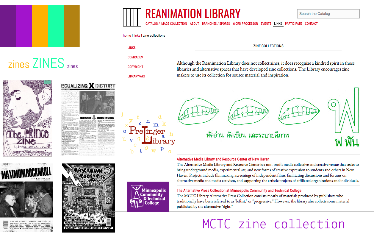 Moodboard showing color and typography next to zne covers from the zine collection. The Reanimation Library provided a good working model for how to balance blog-form content and evergreen information.