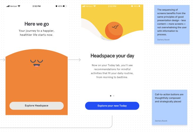 Headspace's onboarding process makes great use of CTA buttons and appropriately relaxing visual design