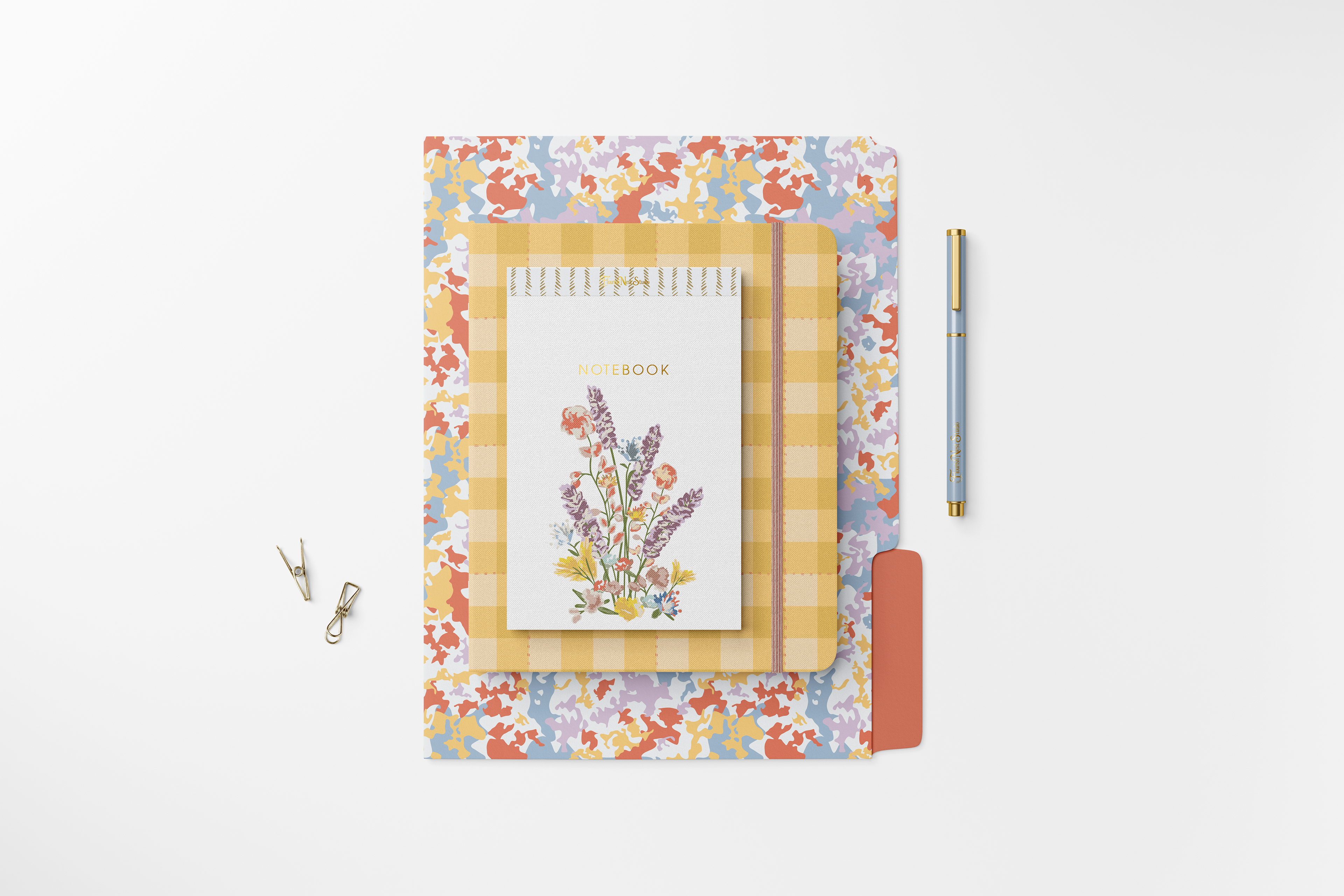 File Folder in Garden Confetti + Planner in Parkside Picnic + Notebook w/ Garden Gathering Spot Illustration
