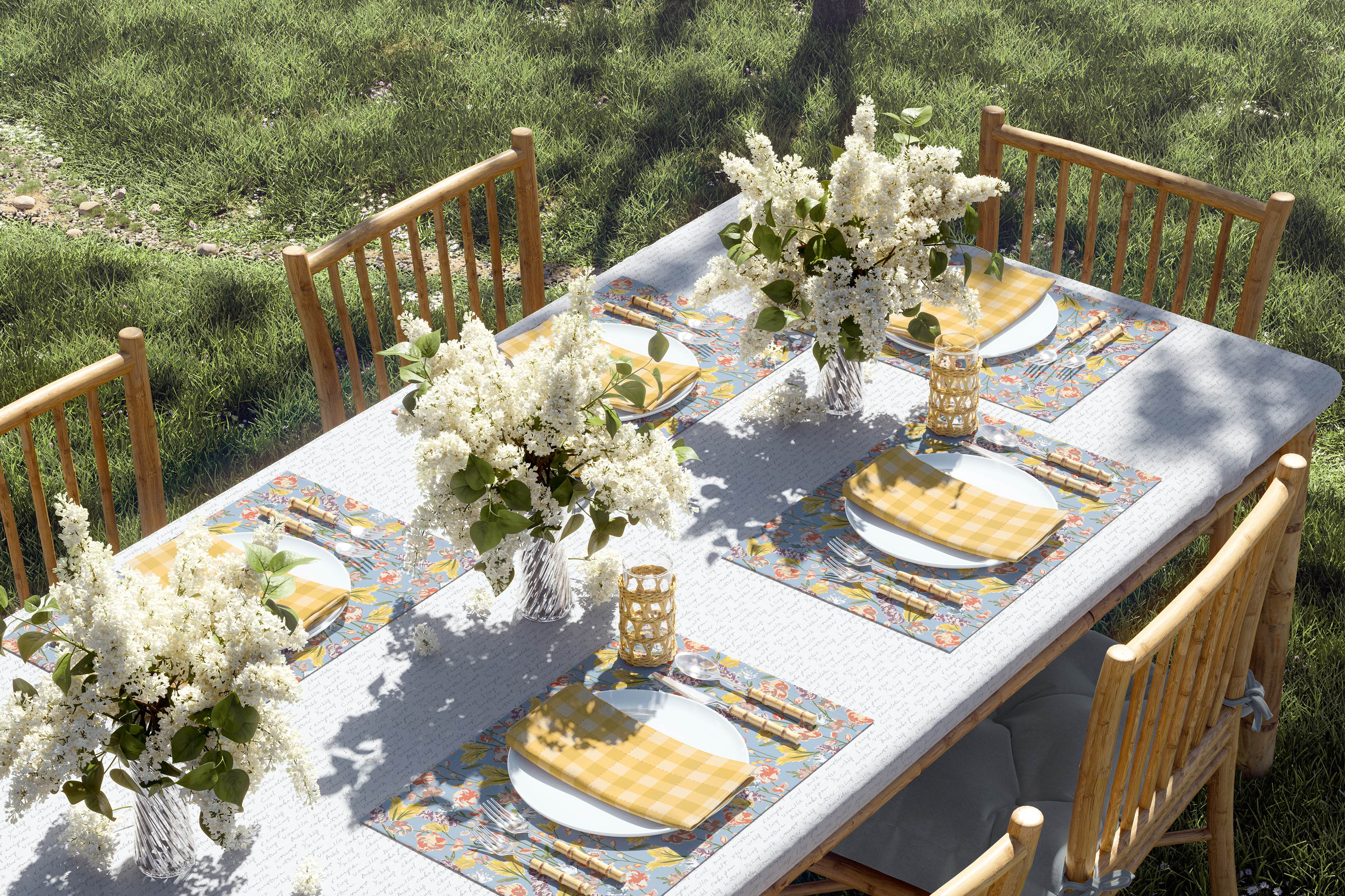 Tablecloth in Recipe Notes + Placemats in Her Garden Path + Napkins in Parkside Picnic