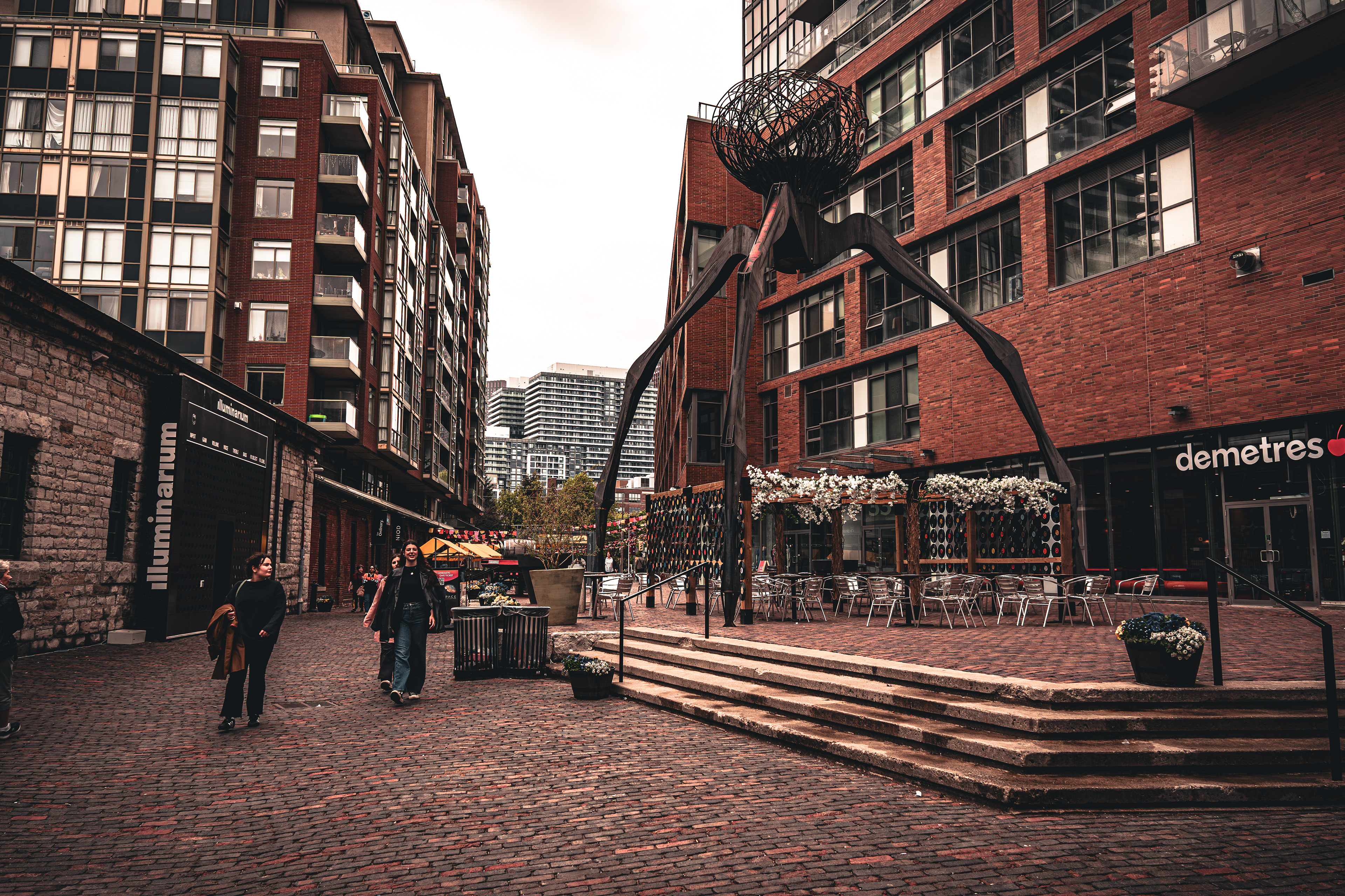 Captured at the Distillery District in Toronto, featuring the spider sculpture and patio space in front of Demetres