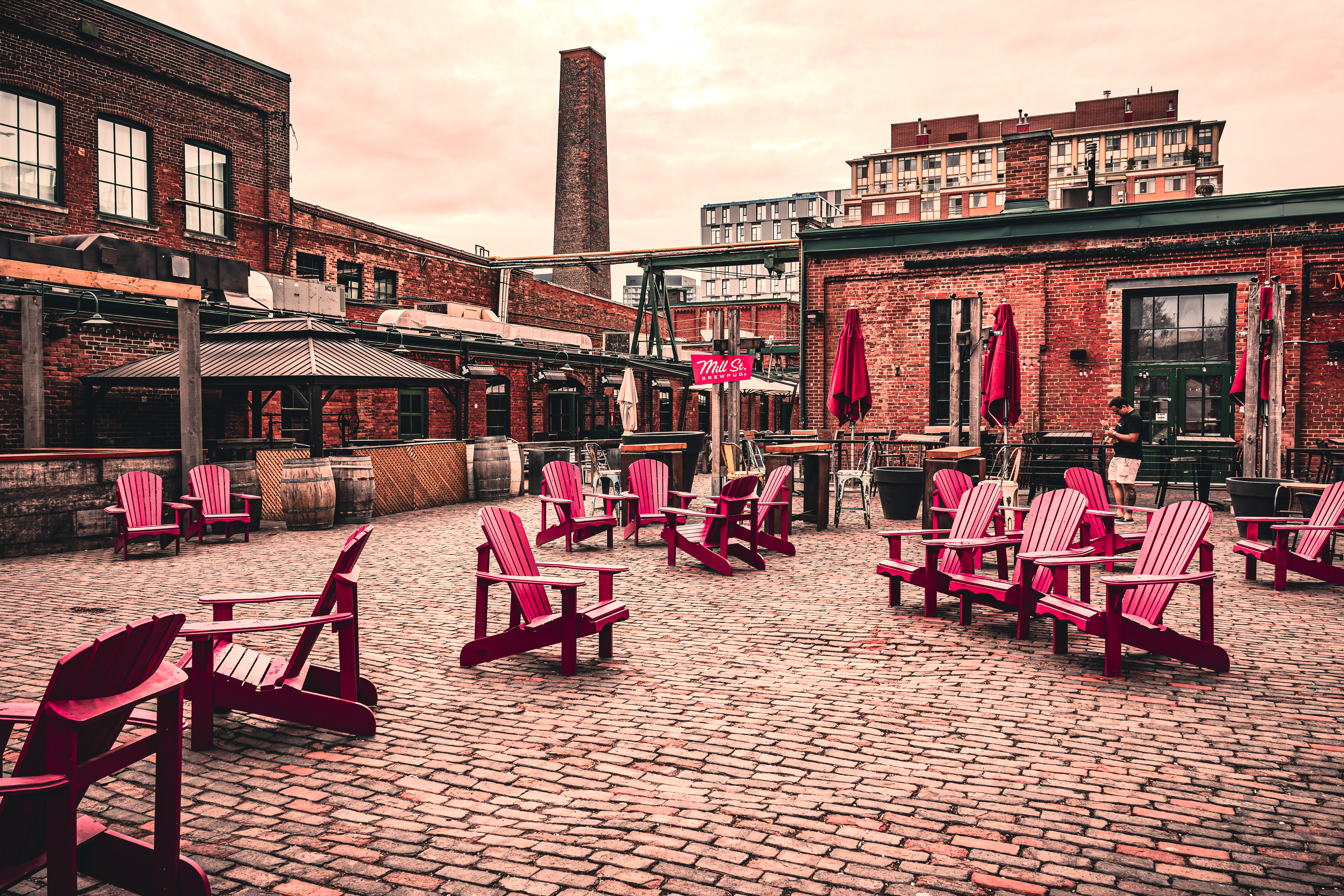 Outdoor seating at the Mill Street Brewery courtyard in the Distillery District