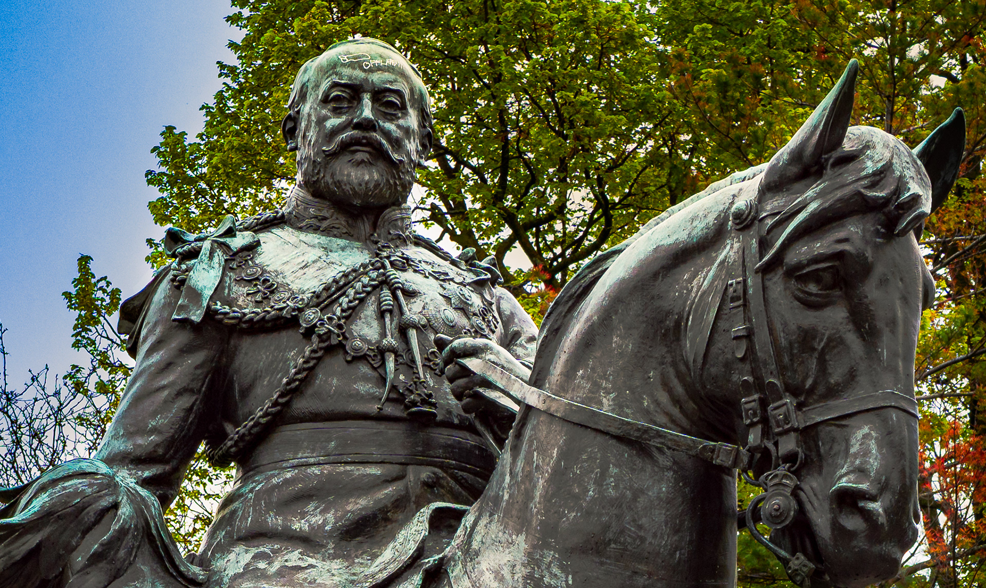 Bronze statue of King Edward VII riding horseback in Queen’s Park, Toronto