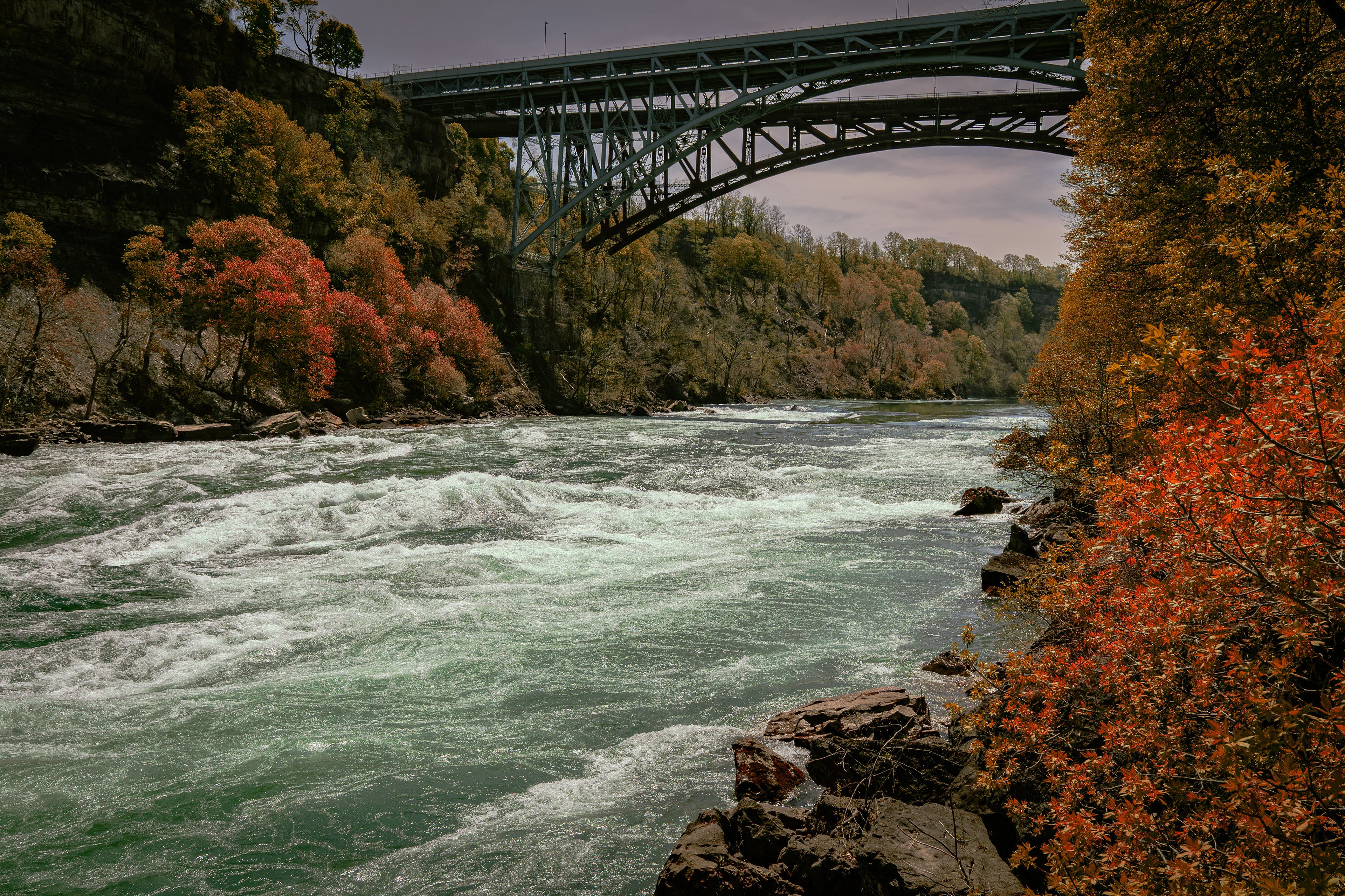 Autumn foliage and rushing rapids beneath the Bridge – White Water Walk, Niagara Falls.
