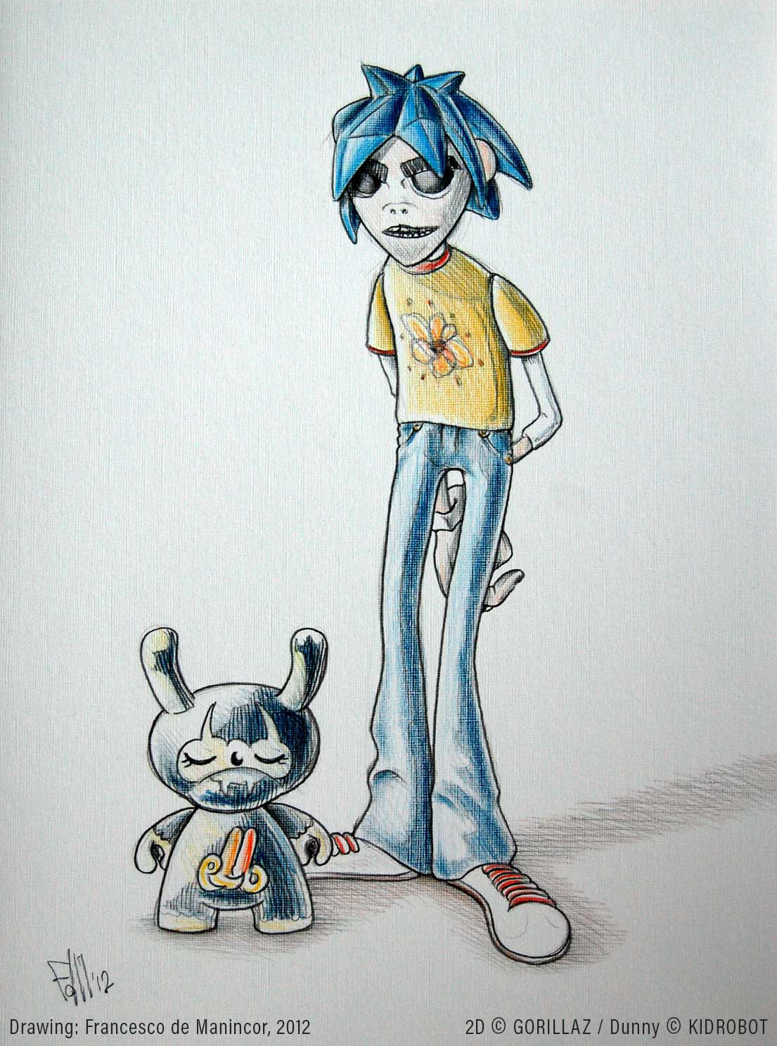 Drawing of Gorillaz 2D and Kidrobot Dunny characters
