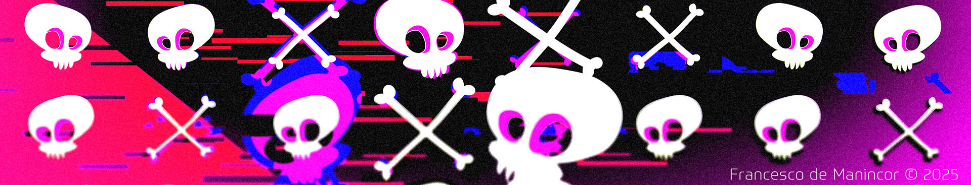 Screenshot illustration from FUEL DUEL motion design video, with colourful skulls designed by Francesco de Manincor.
