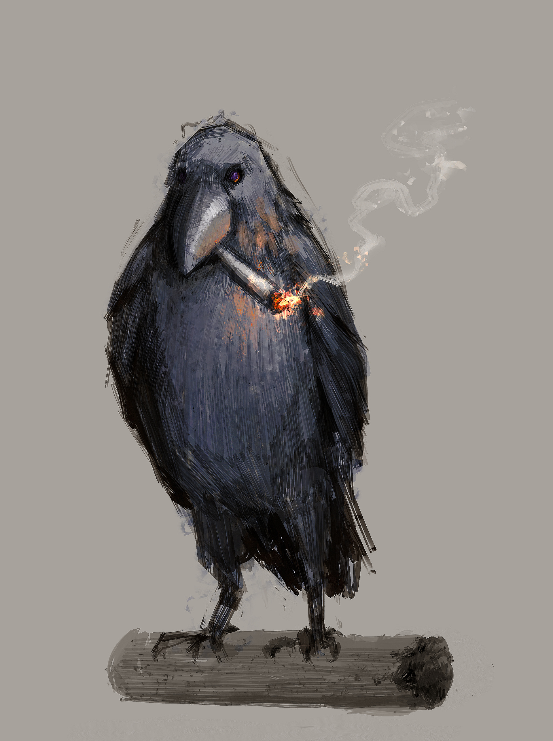 Raven smoking a cigarette perched atop a cigar
