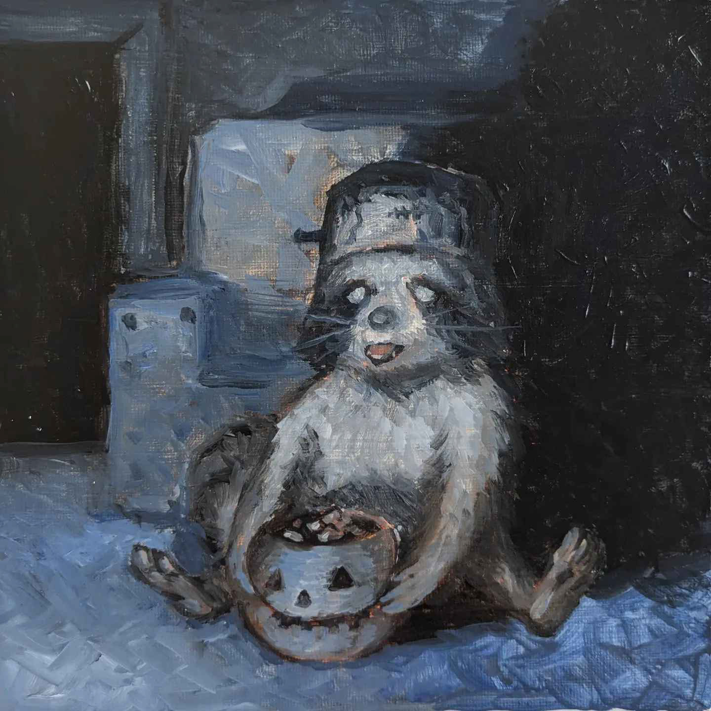 Raccoon child watching TV on Halloween night. Oil on 10x10 canvas panel.