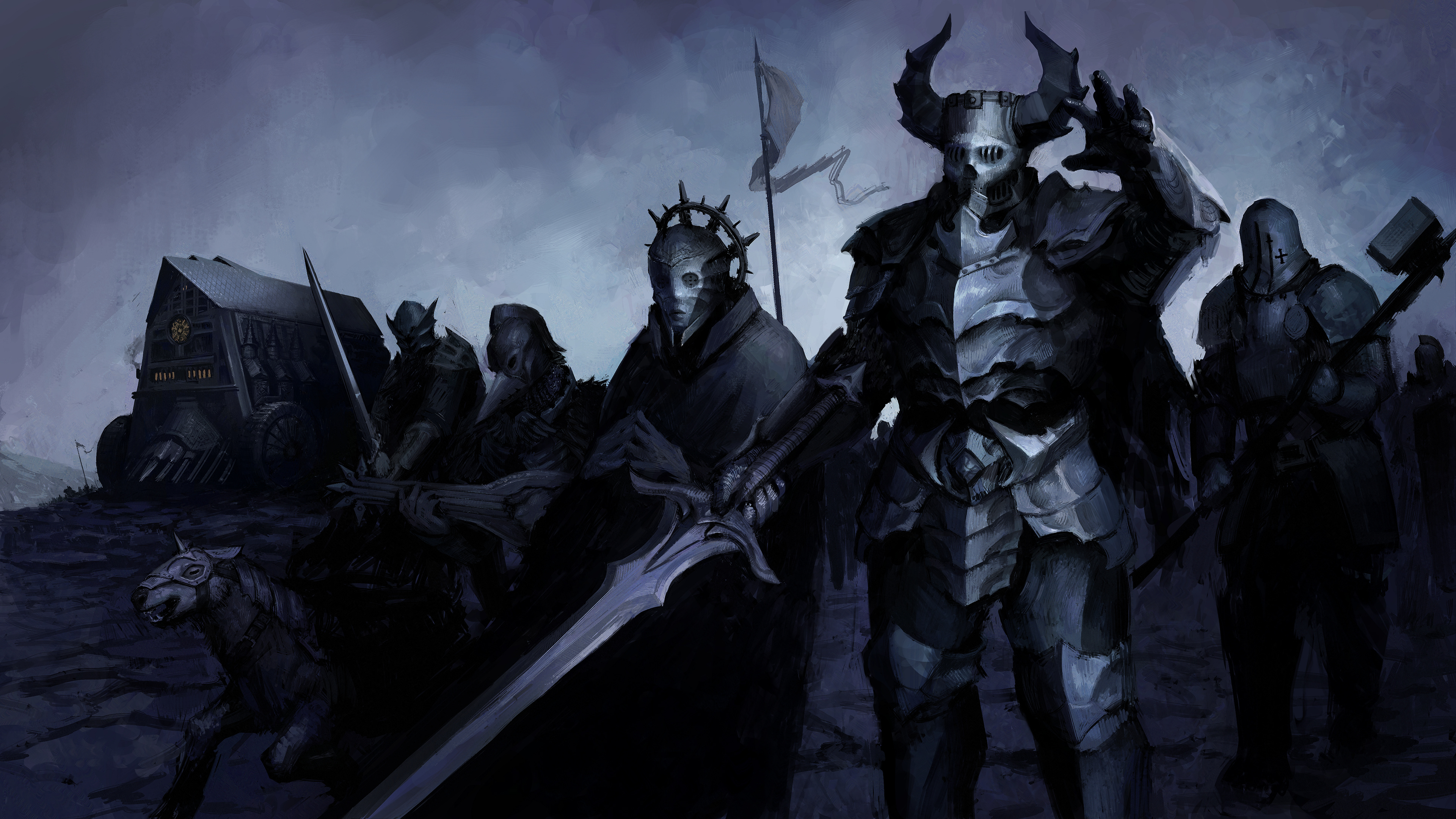 Dark warriors with a cathedral siege engine