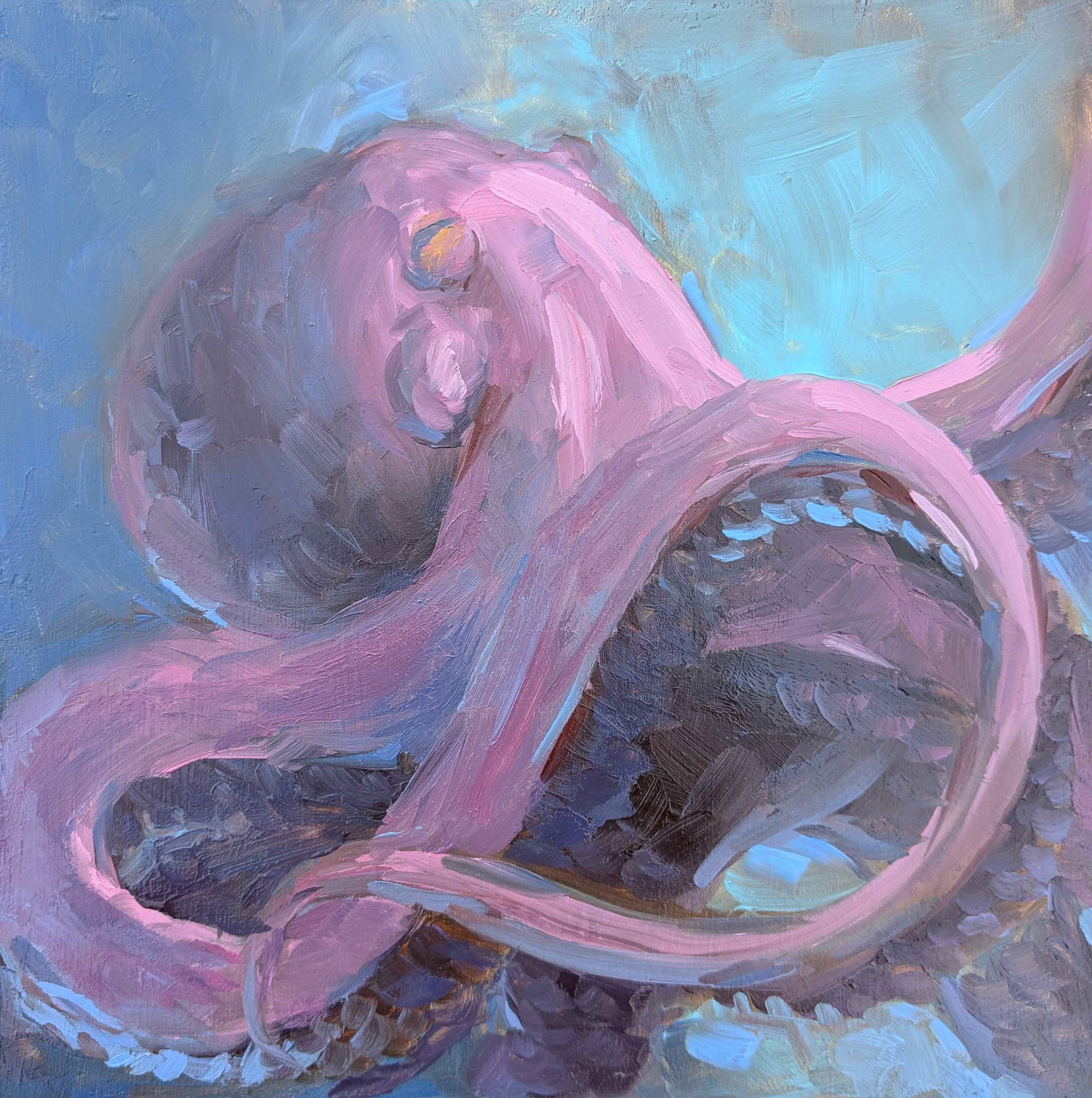 Octopus (testing out a gifted cyan). Oil on primed MDF, 8x10