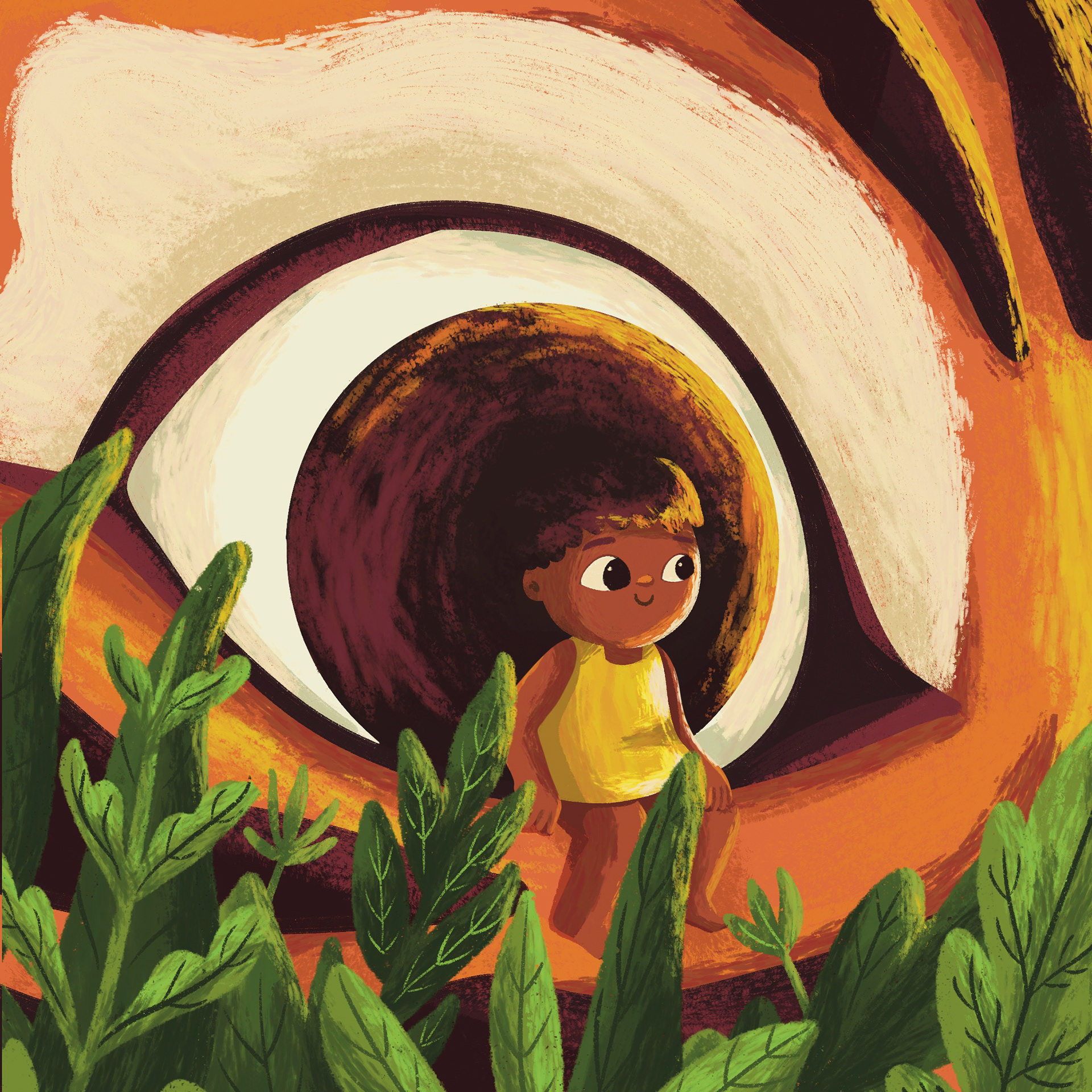 Close-up illustration of a tiger's eye, but with a girl sitting on it, as the apple of the eye. They look forward. Around them diverse foliage.