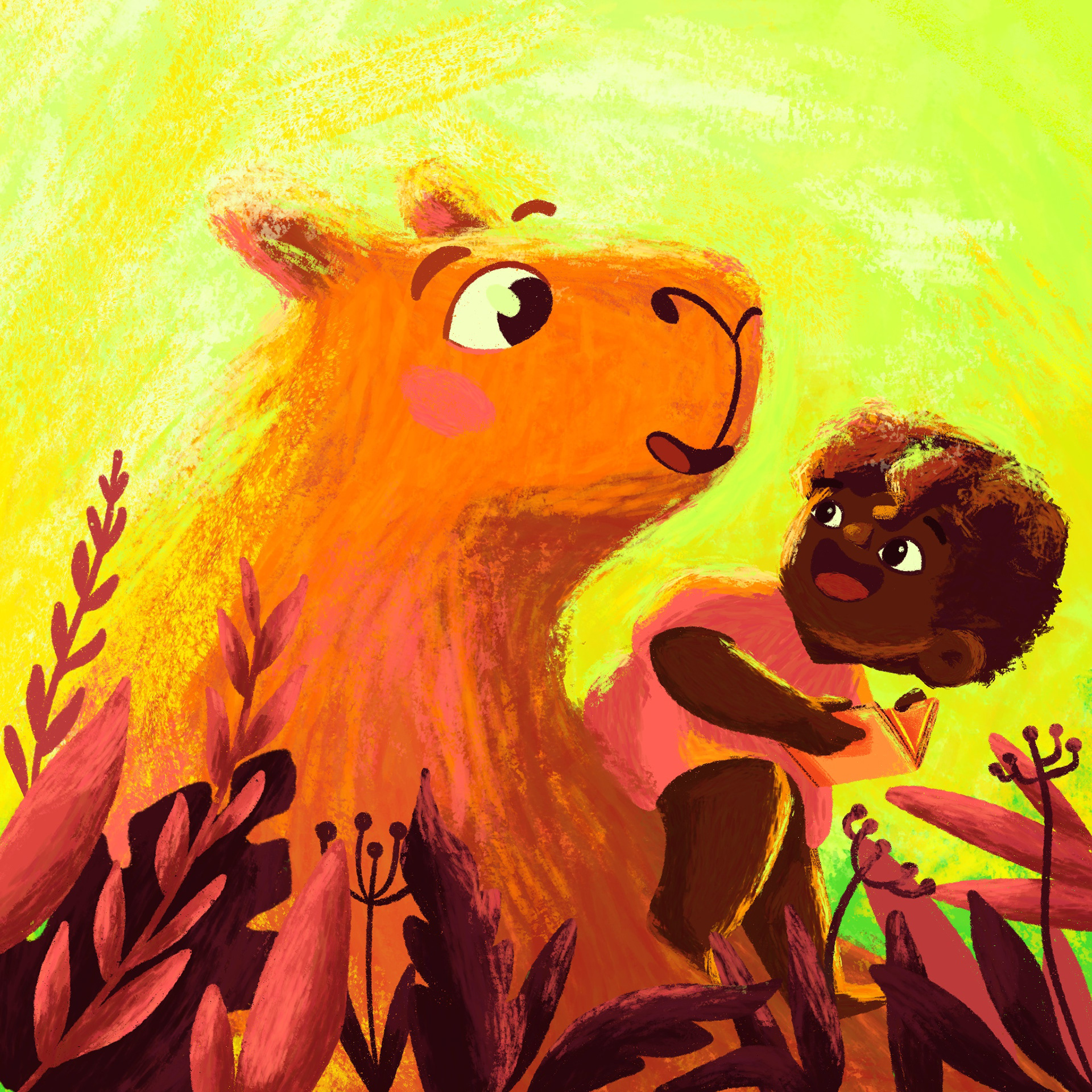 illustration of a black child sitting with a capybara, the two look at each other as if they were talking, the child has a book in his hand. Foliage is all around them.
